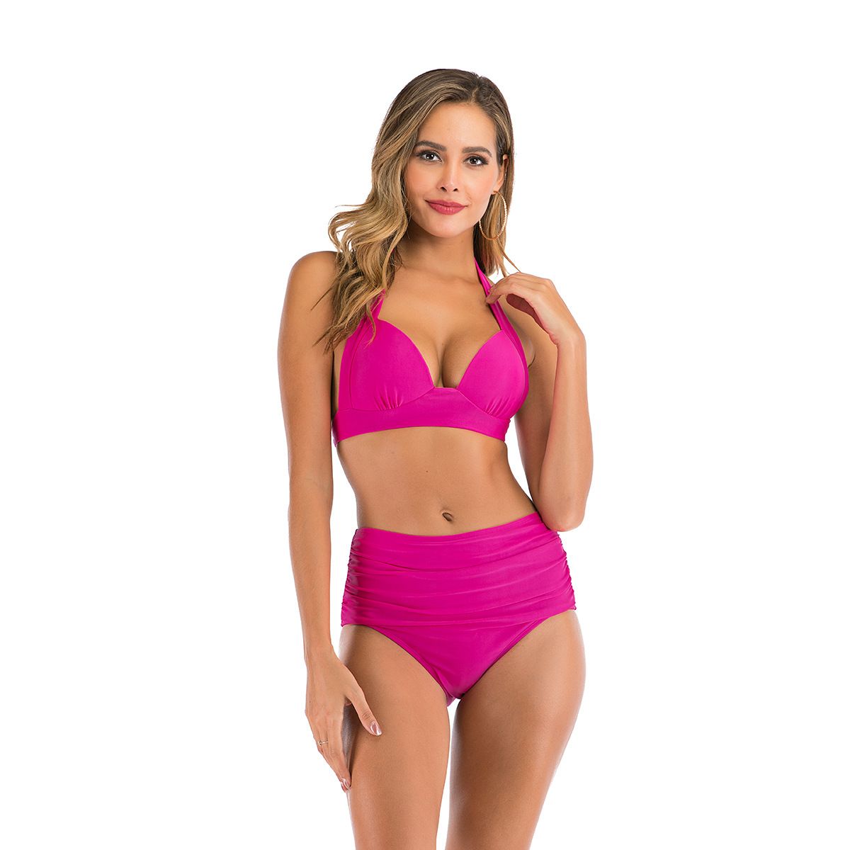 (image for) Women Halter High Waist Two‑Piece Bikini Set, Solid & Print Mix Bathing Suit