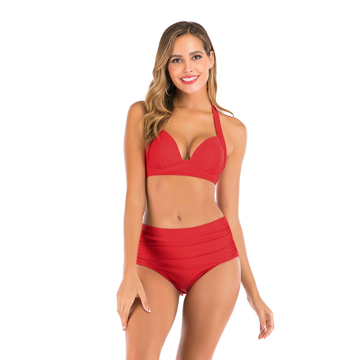 (image for) Women Halter High Waist Two‑Piece Bikini Set, Solid & Print Mix Bathing Suit