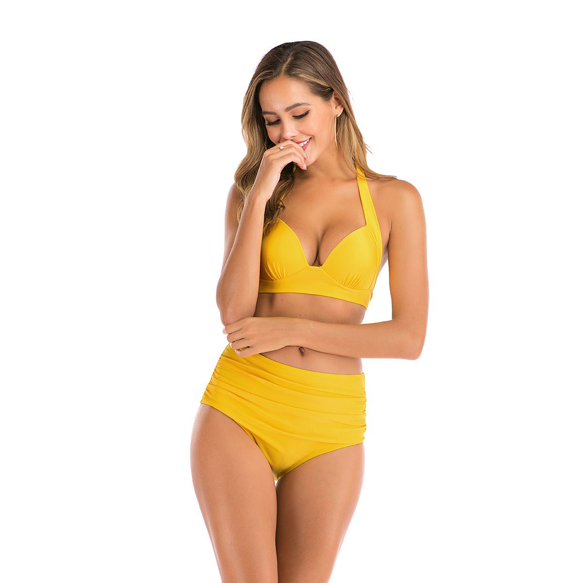 (image for) Women Halter High Waist Two‑Piece Bikini Set, Solid & Print Mix Bathing Suit