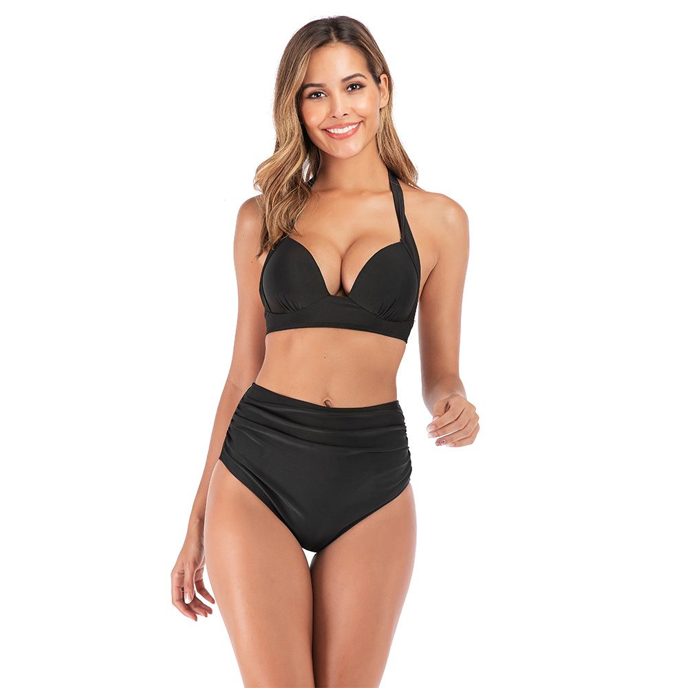 (image for) Women Halter High Waist Two‑Piece Bikini Set, Solid & Print Mix Bathing Suit