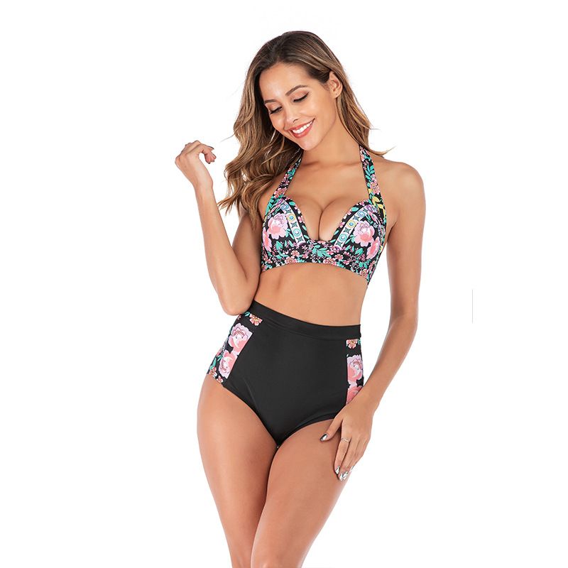 (image for) Women Halter High Waist Two‑Piece Bikini Set, Solid & Print Mix Bathing Suit