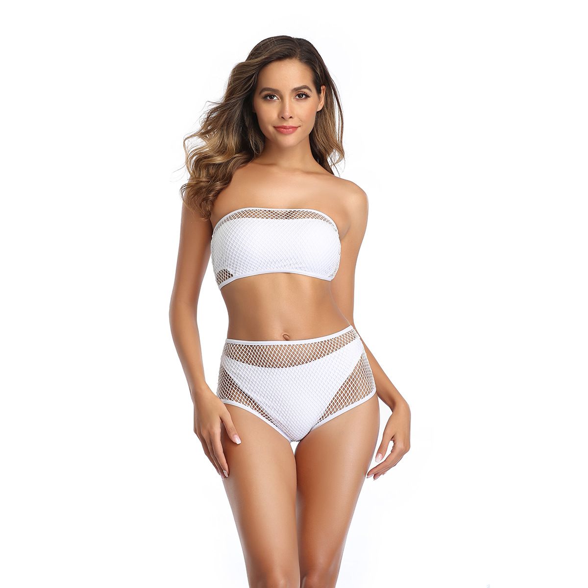 (image for) 3‑Piece Mesh Bandeau Bikini Set Strapless Tube Top Swimwear for Women
