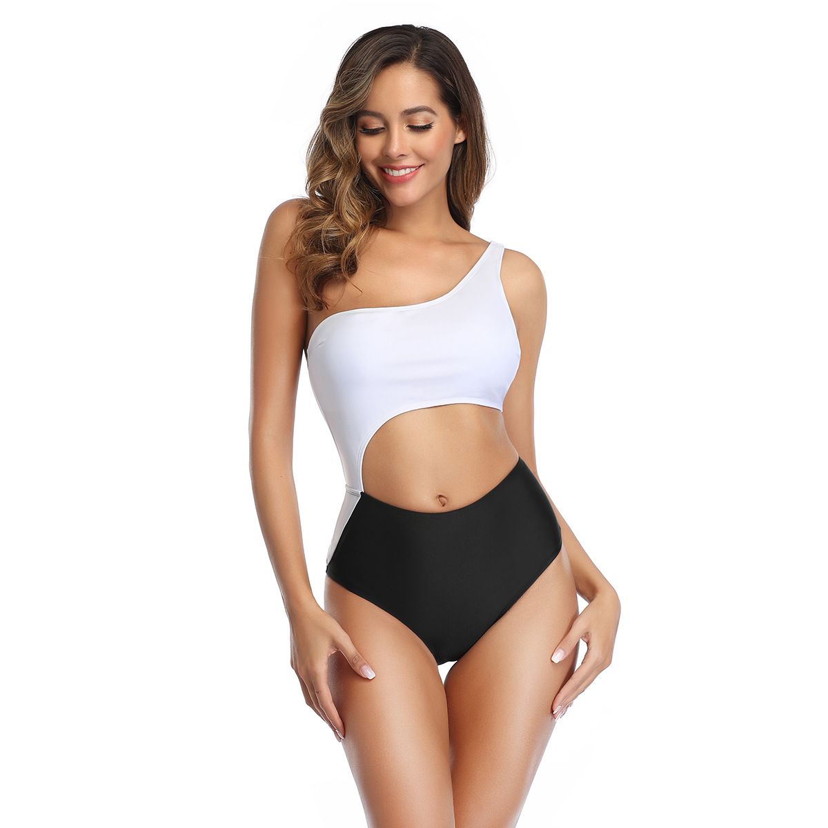 (image for) Women One‑Shoulder Cutout One‑Piece Swimsuit Sexy Leopard Color Block Bathing Suit
