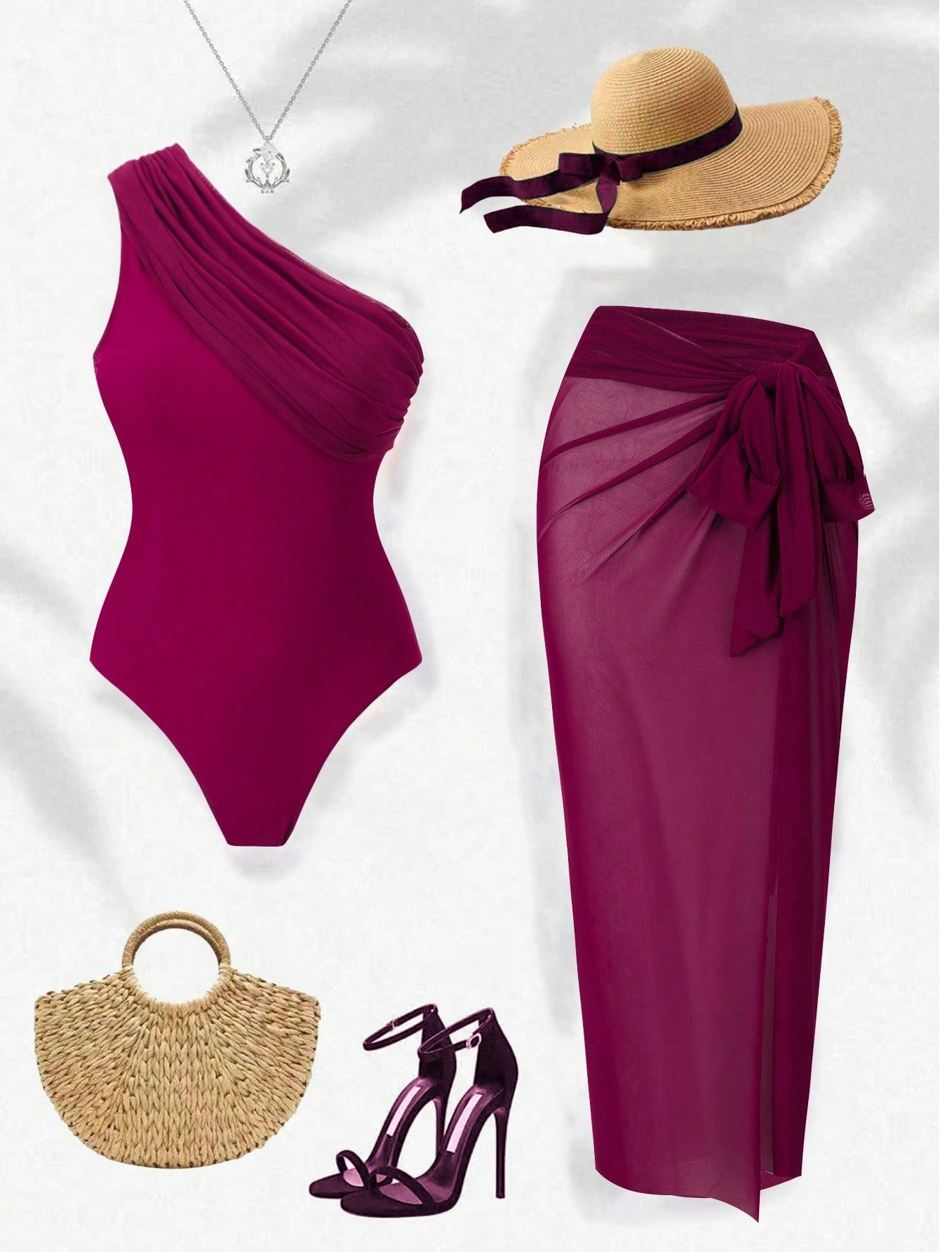 Women One Shoulder Ruched Tummy Control One Piece Swimsuit with Sheer Midi Sarong Wrap Skirt 2 Piece French Retro Slimming Beach Swimwear Set