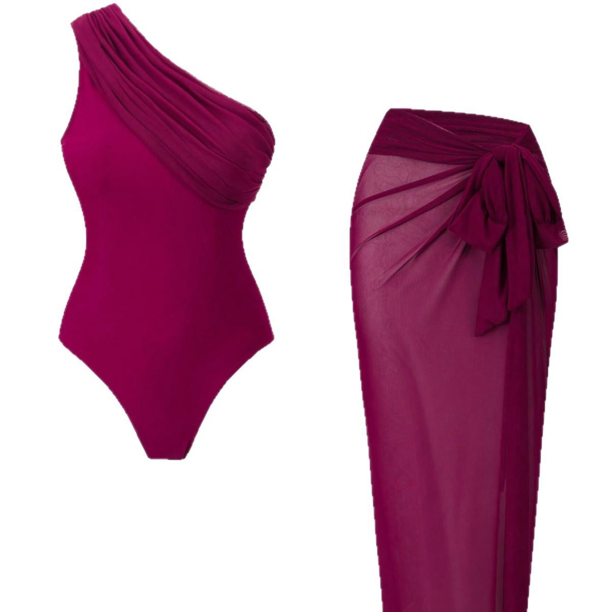 (image for) Women One Shoulder Ruched Tummy Control One Piece Swimsuit with Sheer Midi Sarong Wrap Skirt 2 Piece French Retro Slimming Beach Swimwear Set