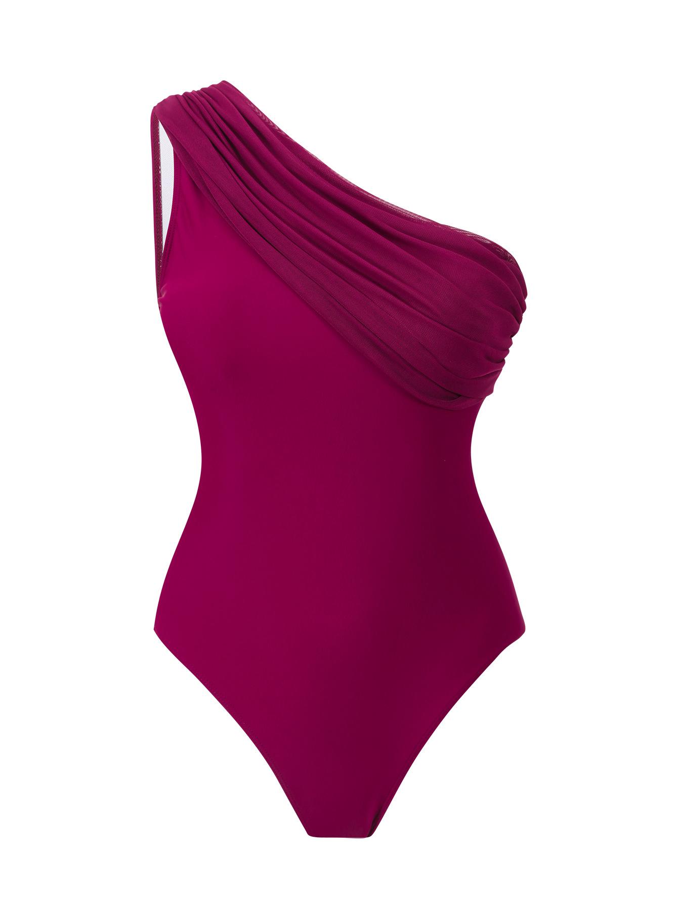 (image for) Women One Shoulder Ruched Tummy Control One Piece Swimsuit with Sheer Midi Sarong Wrap Skirt 2 Piece French Retro Slimming Beach Swimwear Set