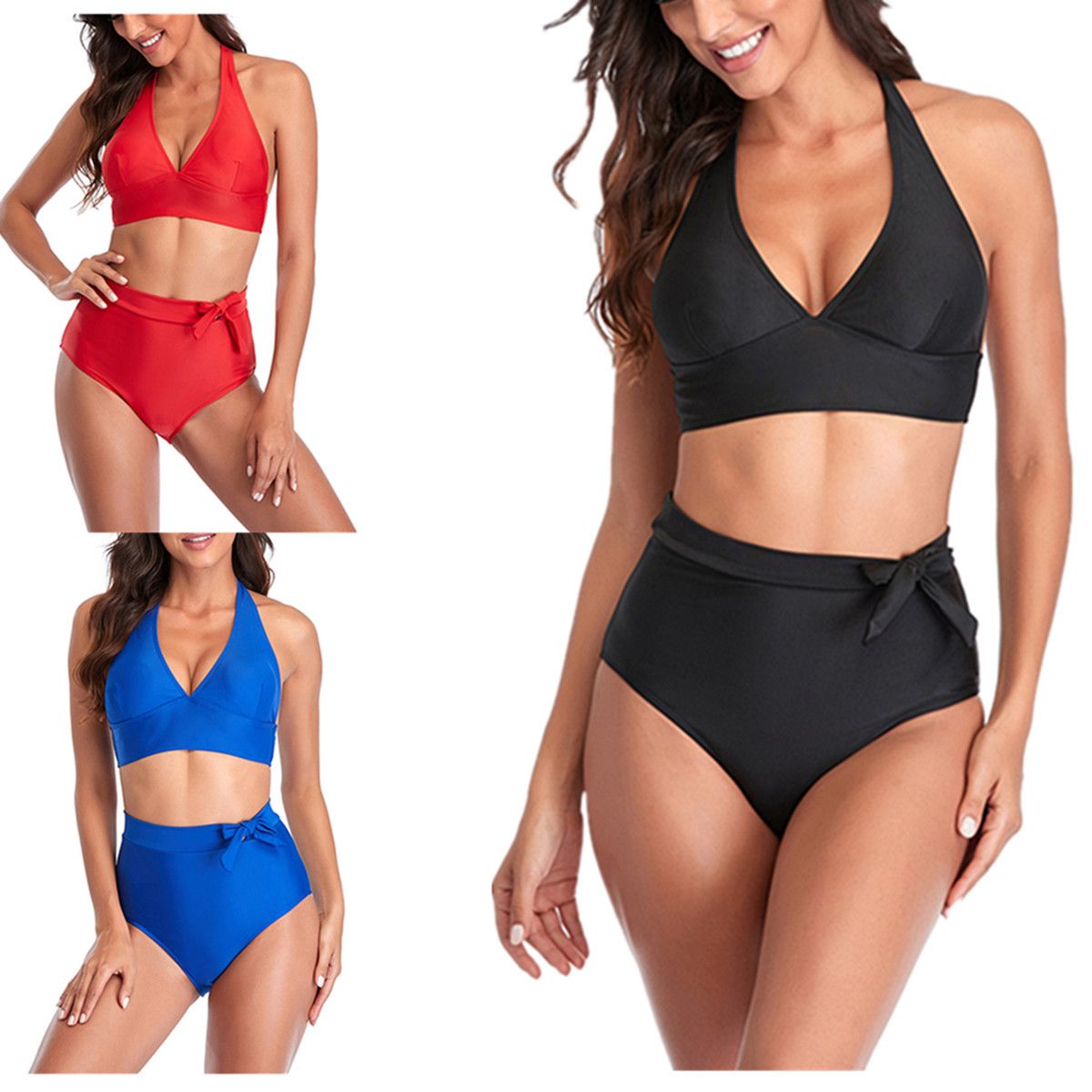 (image for) Solid Color Halter High Waist Bikini Set Tie‑Side Bottom Two‑Piece Women Swimwear