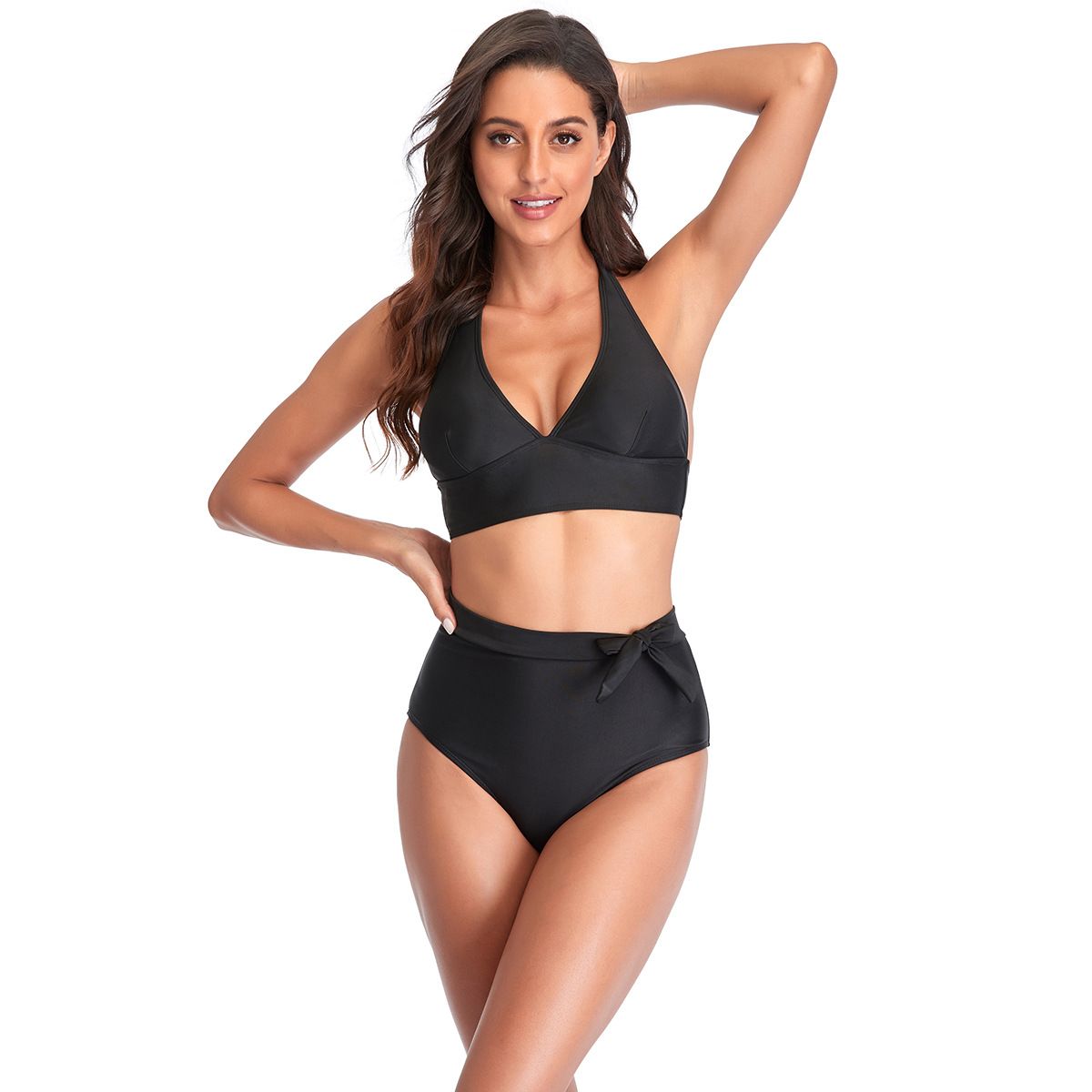 (image for) Solid Color Halter High Waist Bikini Set Tie‑Side Bottom Two‑Piece Women Swimwear