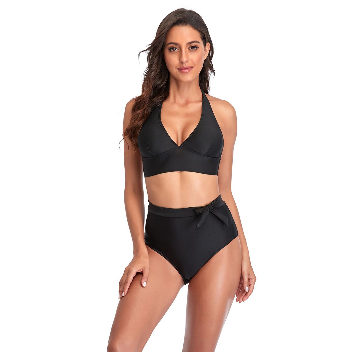 (image for) Solid Color Halter High Waist Bikini Set Tie‑Side Bottom Two‑Piece Women Swimwear