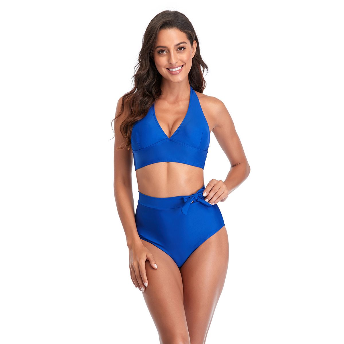 (image for) Solid Color Halter High Waist Bikini Set Tie‑Side Bottom Two‑Piece Women Swimwear