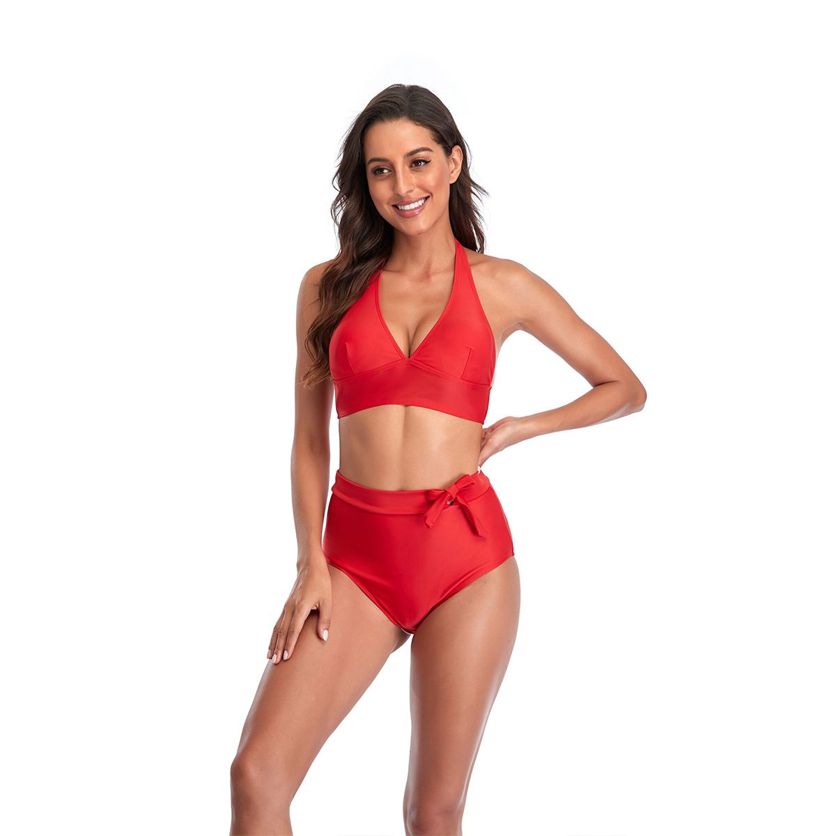 (image for) Solid Color Halter High Waist Bikini Set Tie‑Side Bottom Two‑Piece Women Swimwear