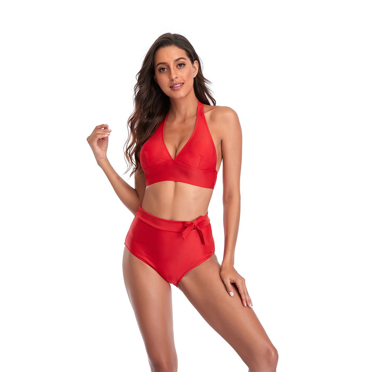 (image for) Solid Color Halter High Waist Bikini Set Tie‑Side Bottom Two‑Piece Women Swimwear