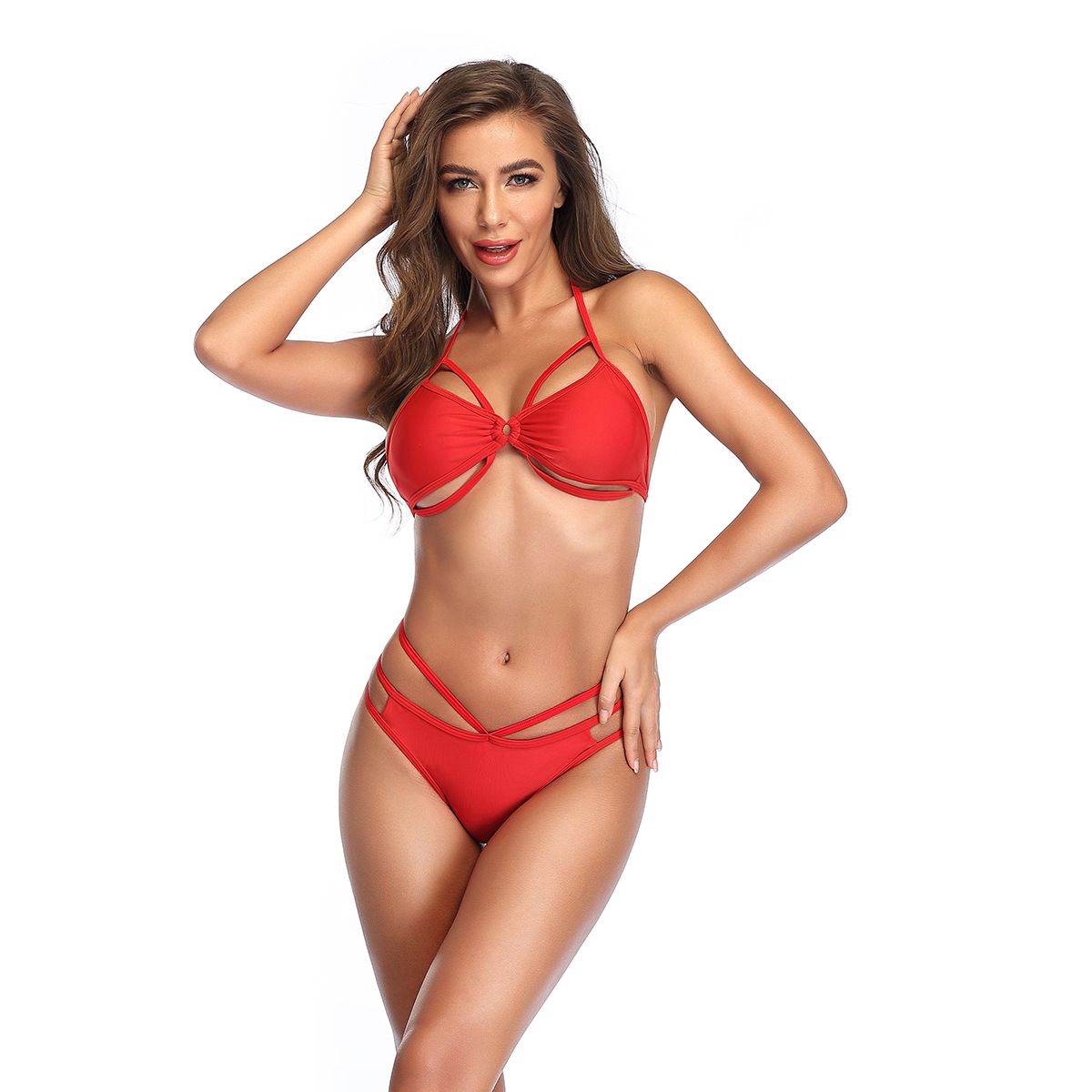 (image for) Solid Color Cut‑Out Multi‑Strap Halter Bikini Set Two‑Piece Swimwear for Women