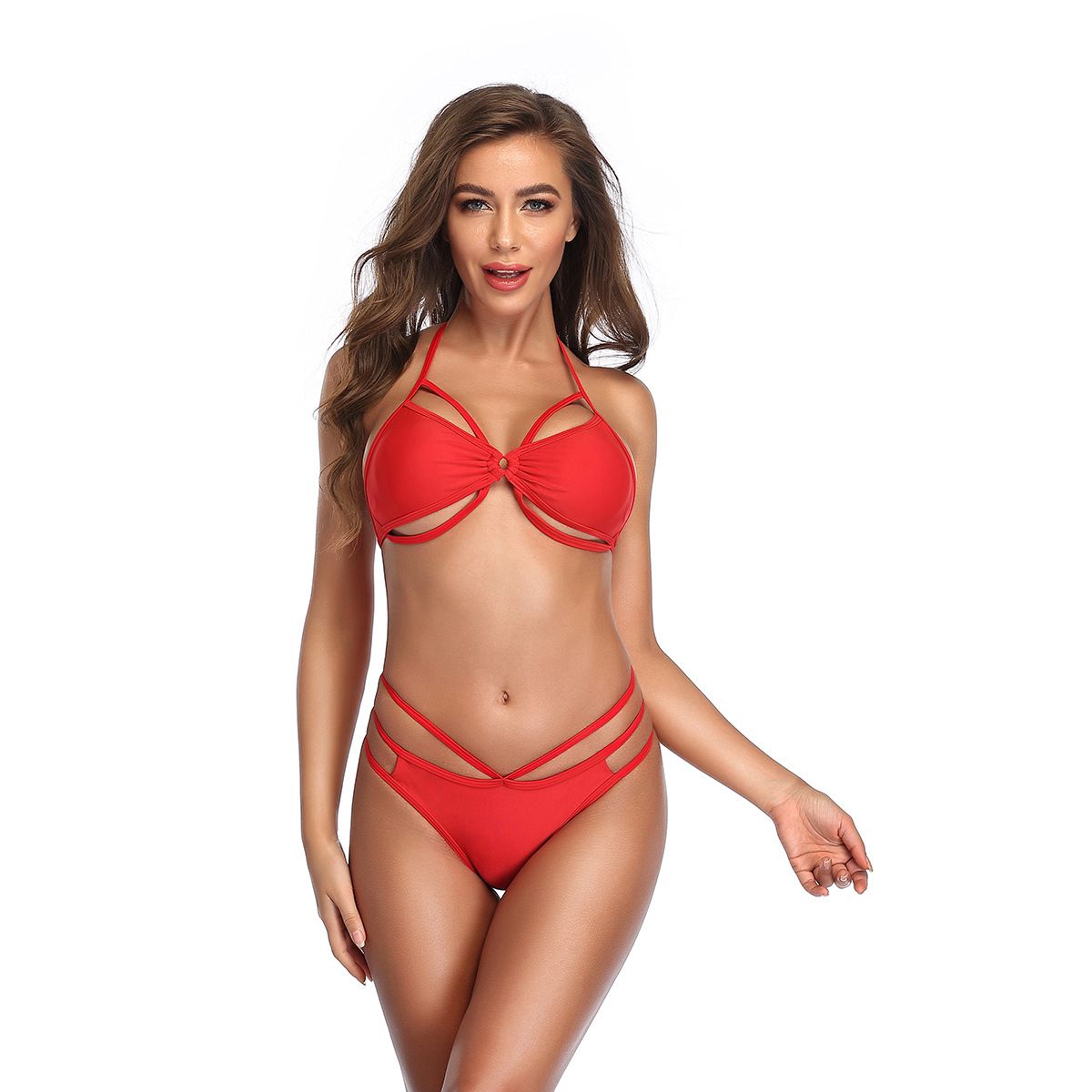 (image for) Solid Color Cut‑Out Multi‑Strap Halter Bikini Set Two‑Piece Swimwear for Women