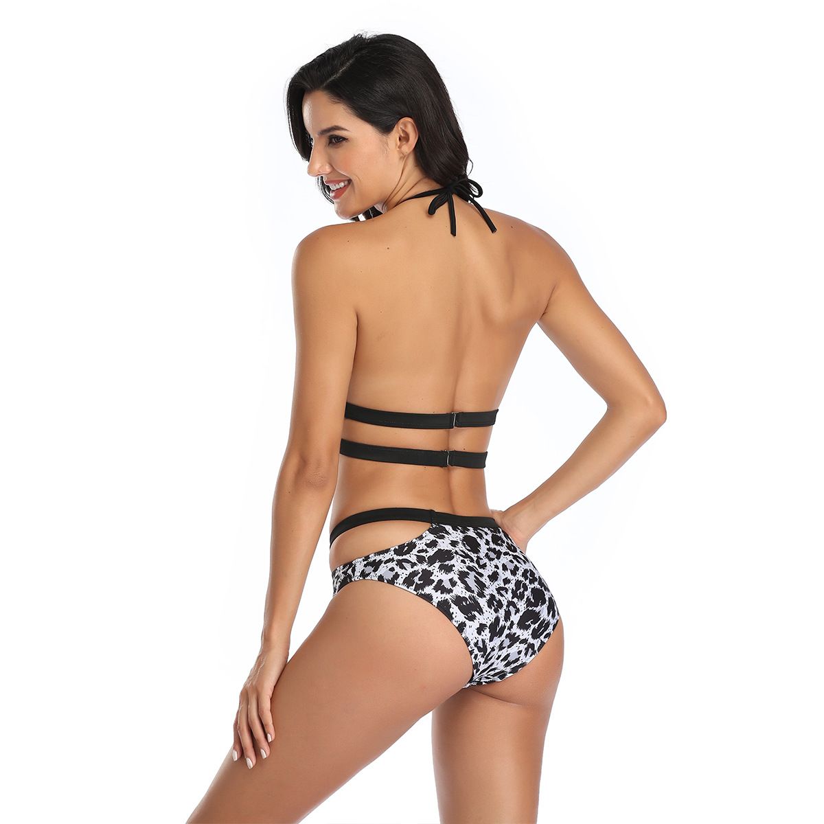 (image for) Leopard Print Halter Bikini Set Cut‑Out Strappy Two‑Piece Swimwear for Women