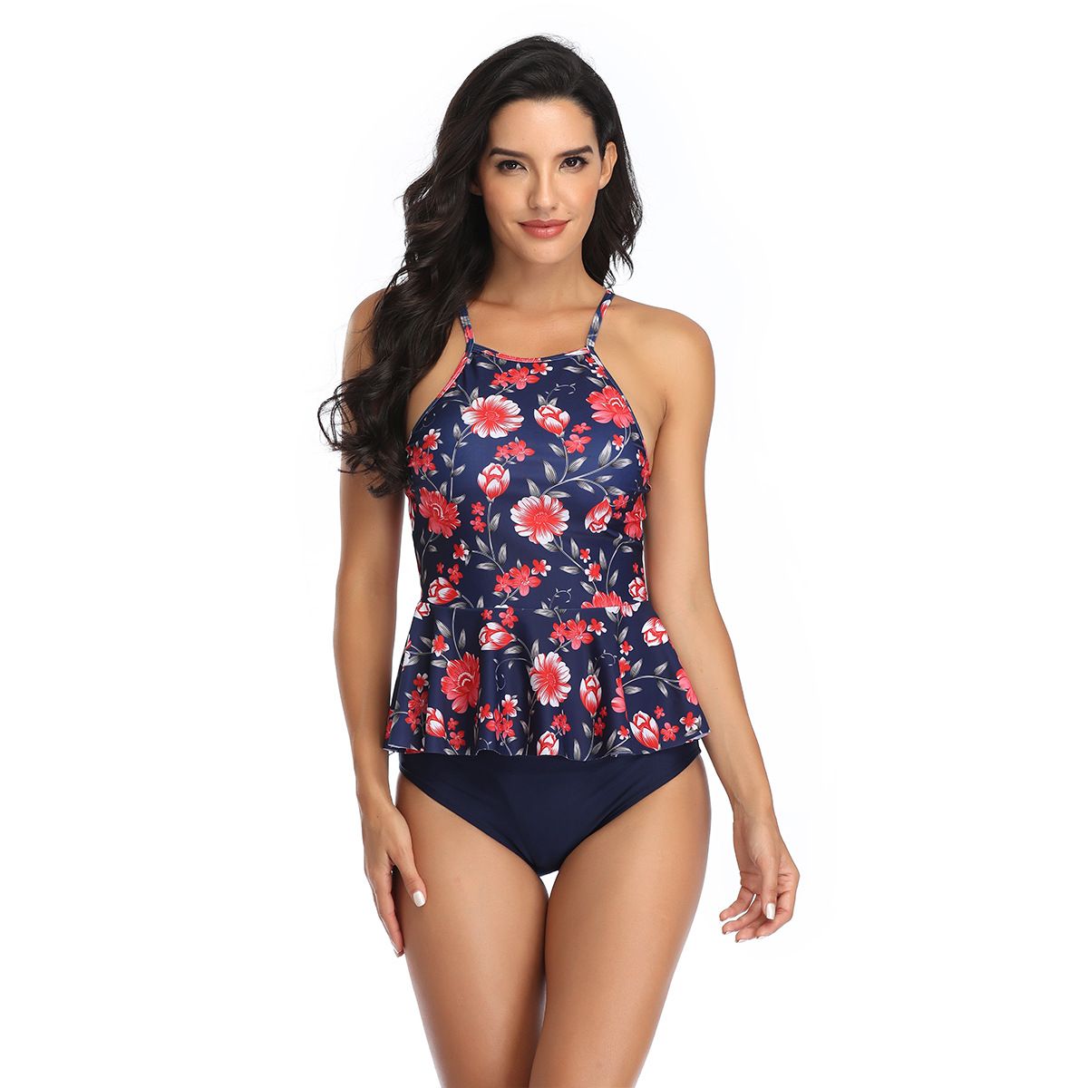 (image for) Women Tankini Swimsuit Halter Neck Floral Print Ruffled Peplum Two‑Piece Bathing Suit