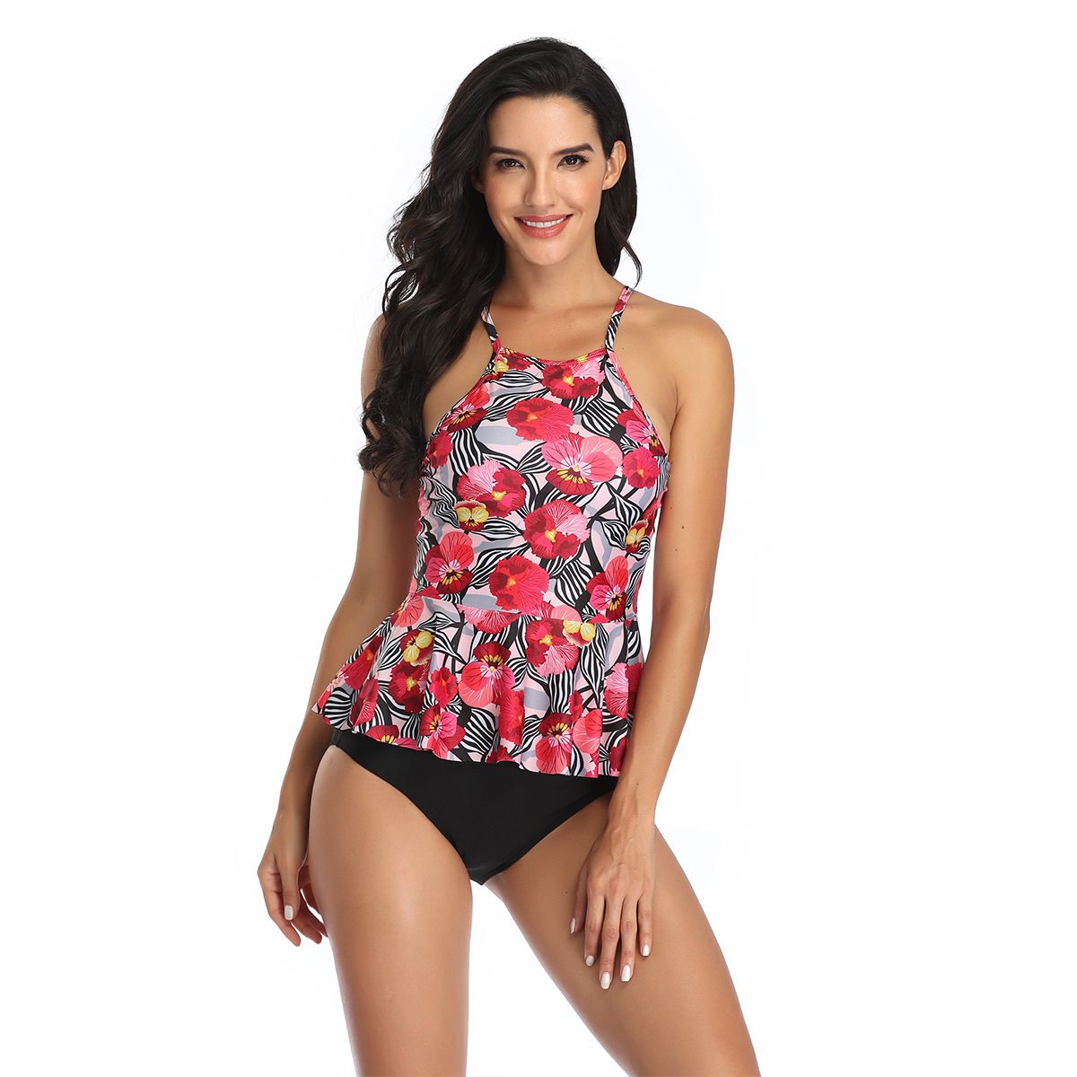 (image for) Women Tankini Swimsuit Halter Neck Floral Print Ruffled Peplum Two‑Piece Bathing Suit