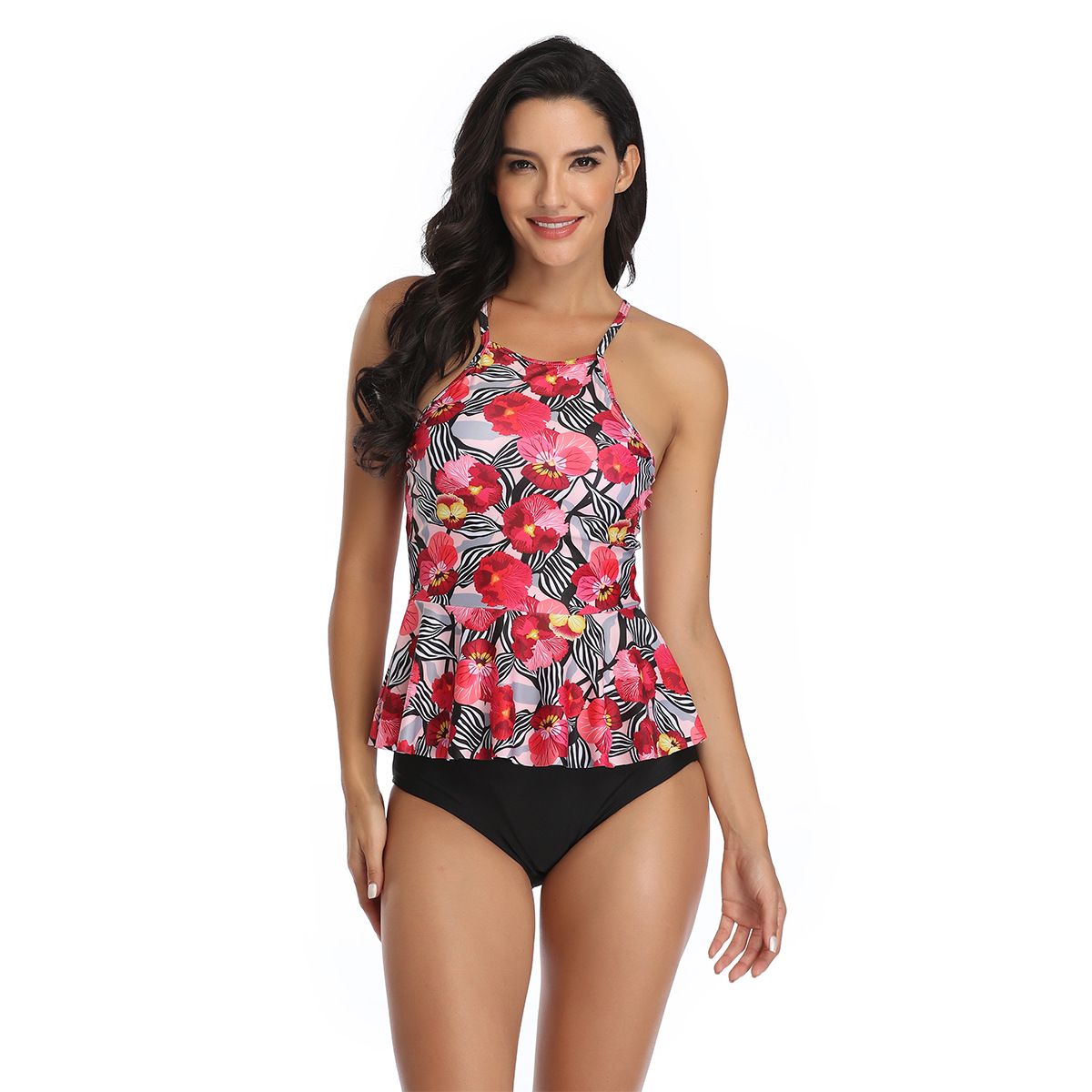 (image for) Women Tankini Swimsuit Halter Neck Floral Print Ruffled Peplum Two‑Piece Bathing Suit