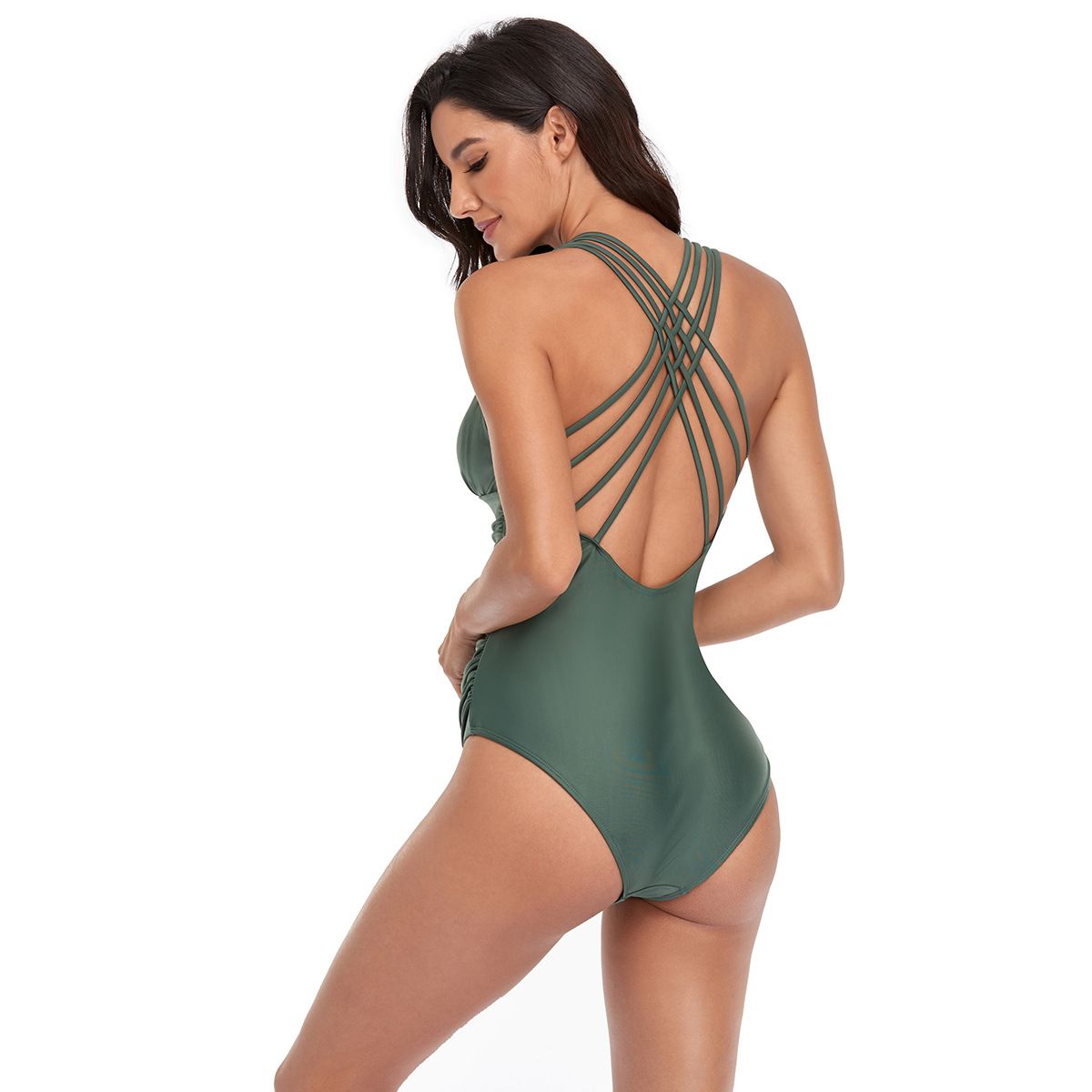 (image for) Women Halter V‑Neck One‑Piece Swimsuit Ruched Tummy Control Backless Bathing Suit