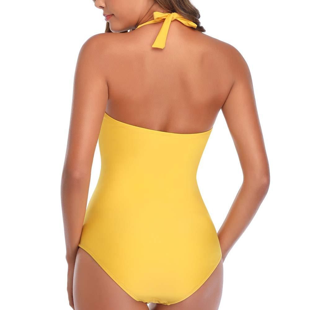 (image for) Women Halter One‑Piece Swimsuit Solid Color Tummy Control Conservative Bathing Suit