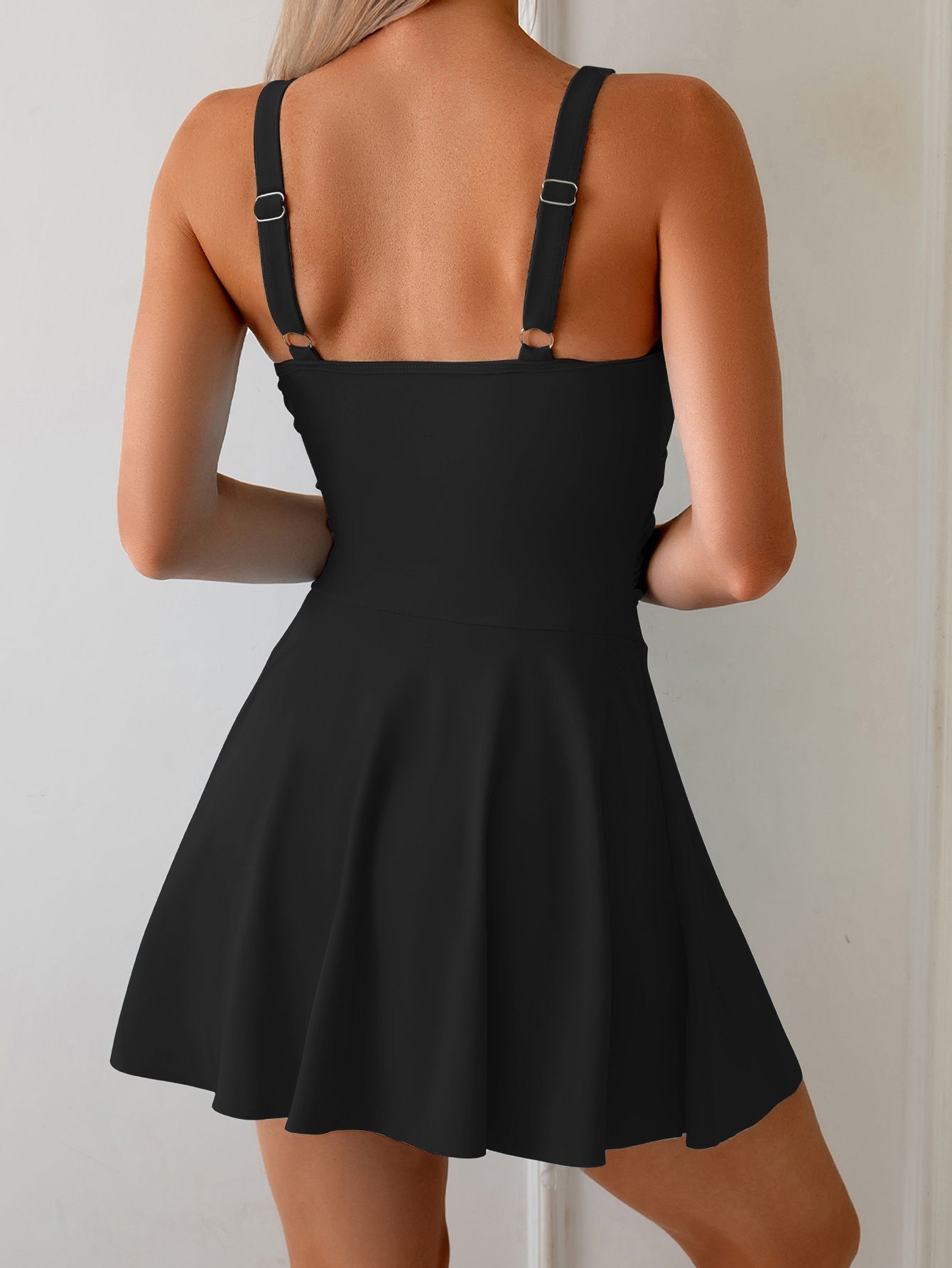 (image for) 2026 Women Double Strap Side Tie Slit Swimdress One Piece Swimsuit, Modest Tummy Control Skirted Bathing Suit with Padded Cups, Multi Solid Colors S-XXL