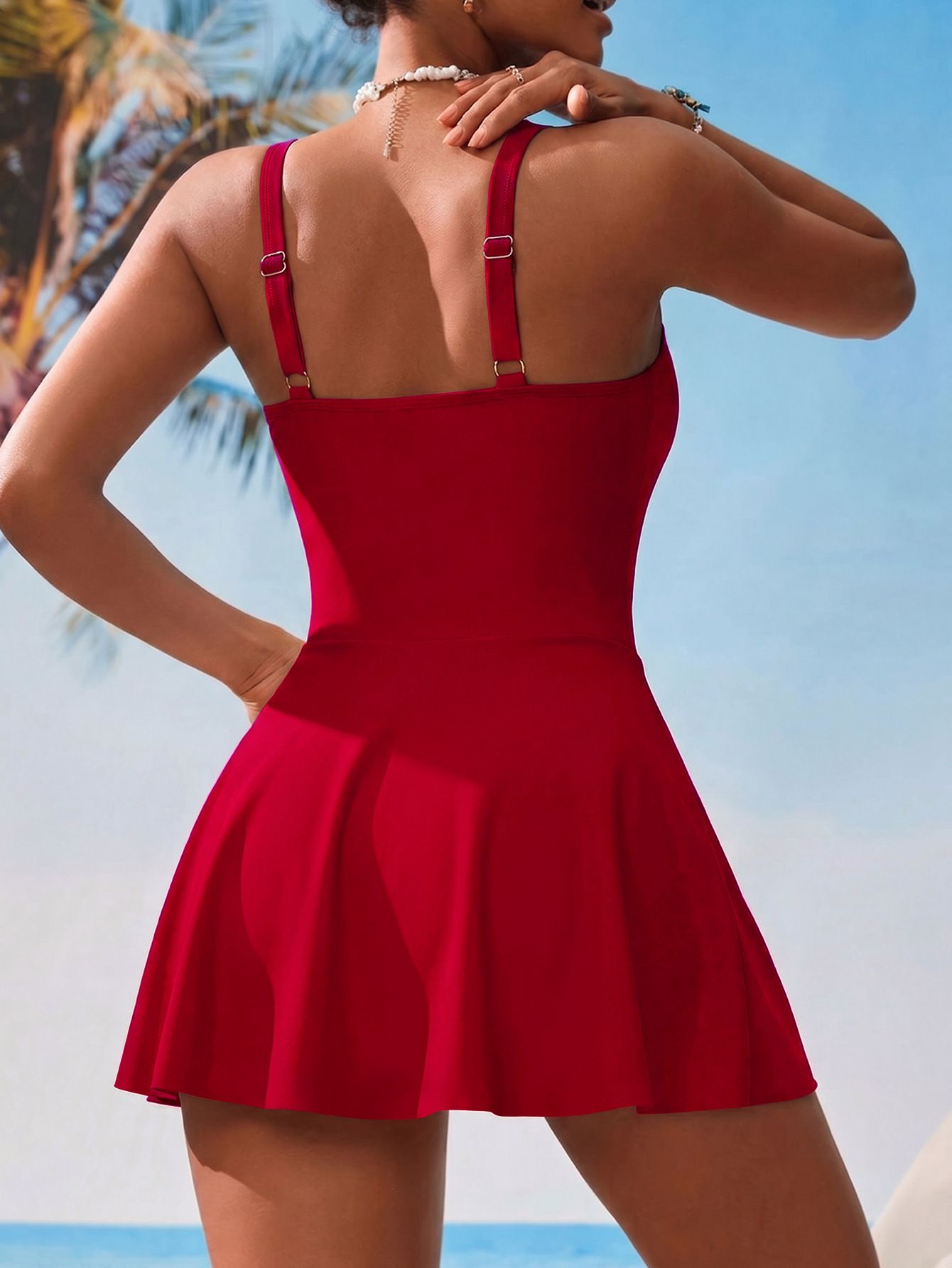 (image for) 2026 Women Double Strap Side Tie Slit Swimdress One Piece Swimsuit, Modest Tummy Control Skirted Bathing Suit with Padded Cups, Multi Solid Colors S-XXL