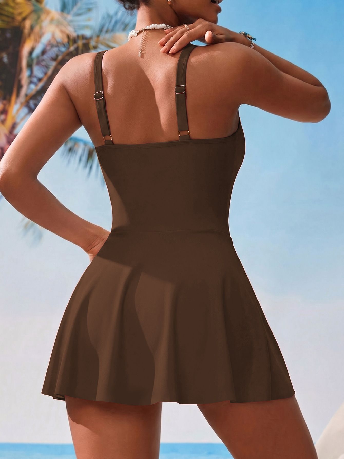 (image for) 2026 Women Double Strap Side Tie Slit Swimdress One Piece Swimsuit, Modest Tummy Control Skirted Bathing Suit with Padded Cups, Multi Solid Colors S-XXL