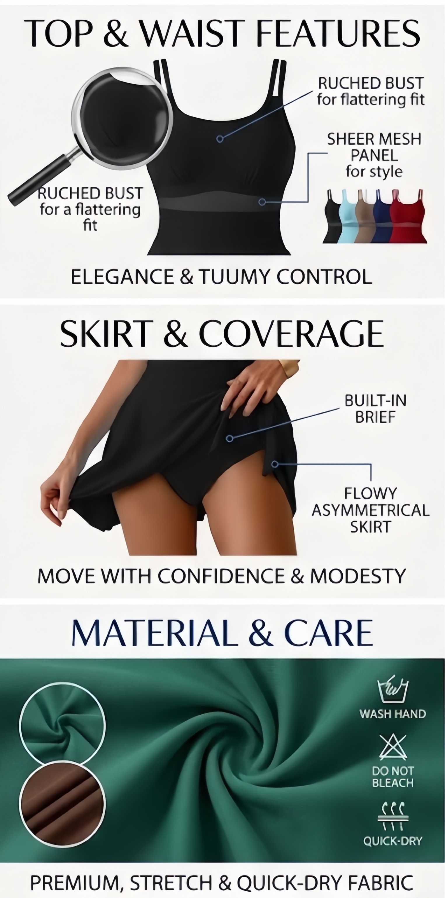 (image for) 2026 Women Double Strap Side Tie Slit Swimdress One Piece Swimsuit, Modest Tummy Control Skirted Bathing Suit with Padded Cups, Multi Solid Colors S-XXL