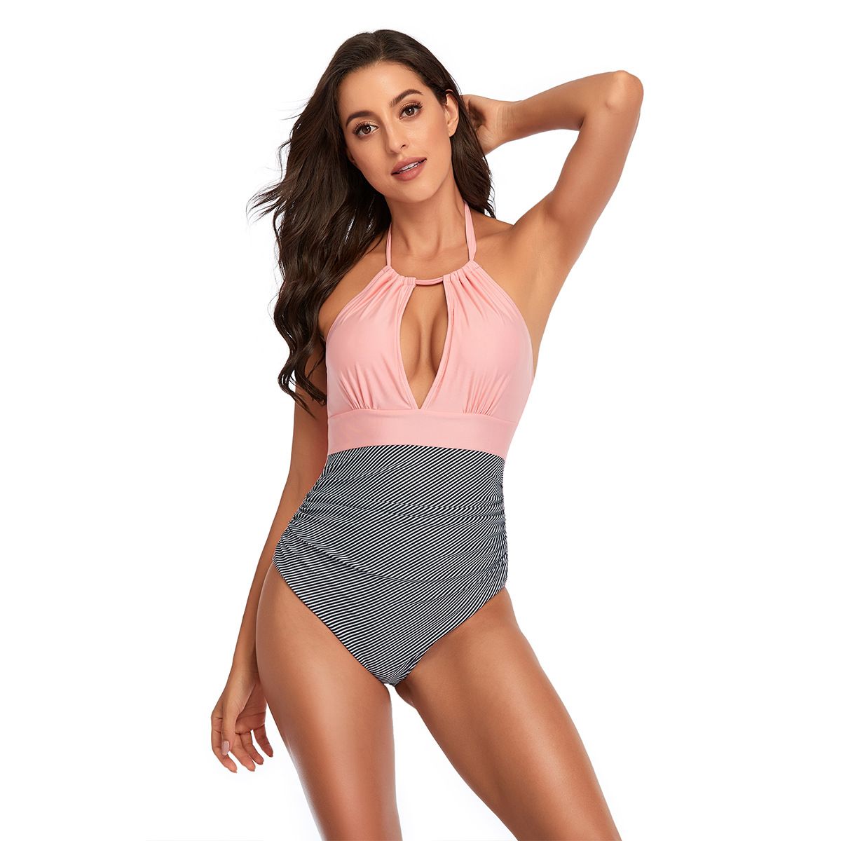 Women Halter V‑Neck Color Block Striped One‑Piece Swimsuit Tie Backless Bathing Suit (image for) Women Halter V‑Neck Color Block Striped One‑Piece Swimsuit Tie Backless Bathing Suit