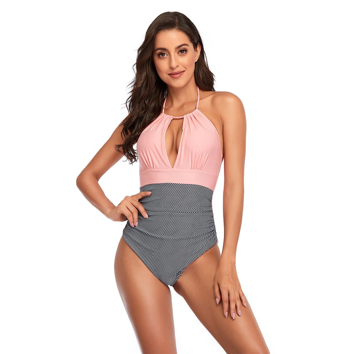 (image for) Women Halter V‑Neck Color Block Striped One‑Piece Swimsuit Tie Backless Bathing Suit