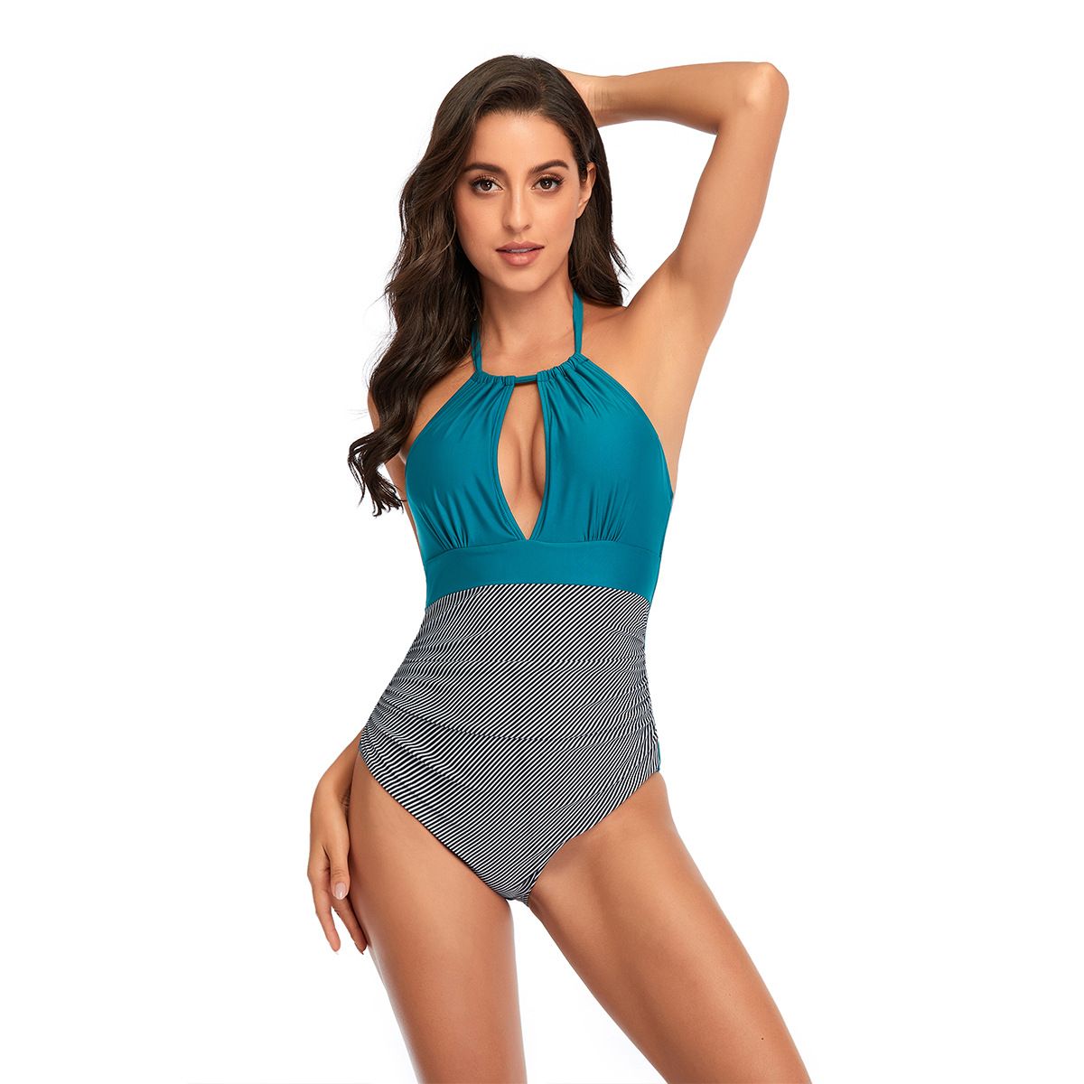 (image for) Women Halter V‑Neck Color Block Striped One‑Piece Swimsuit Tie Backless Bathing Suit