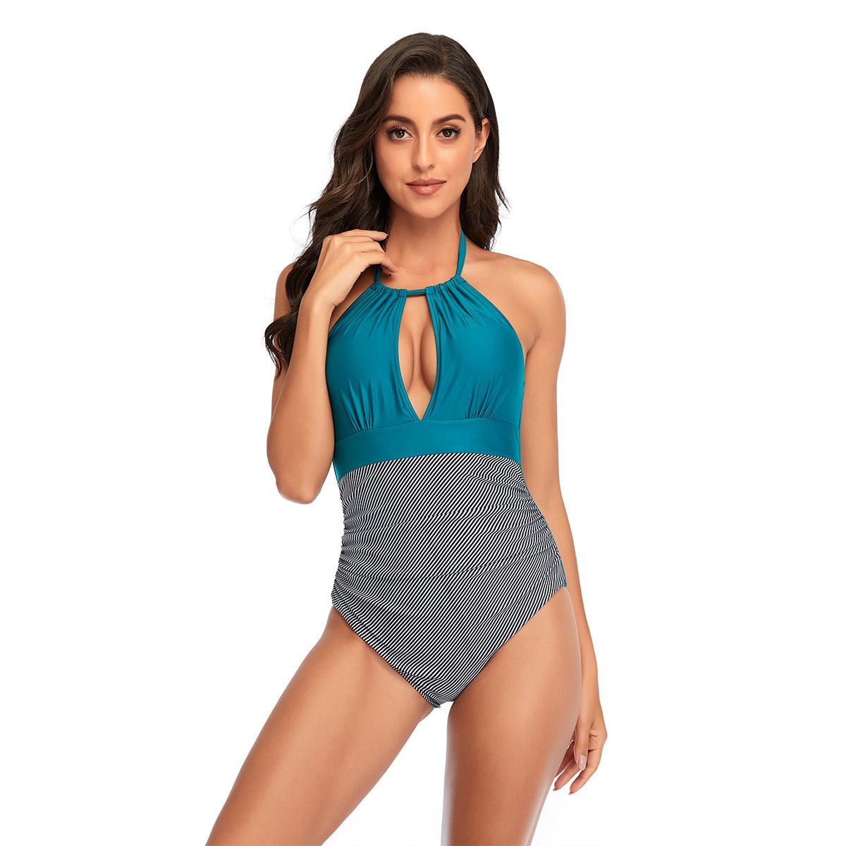(image for) Women Halter V‑Neck Color Block Striped One‑Piece Swimsuit Tie Backless Bathing Suit