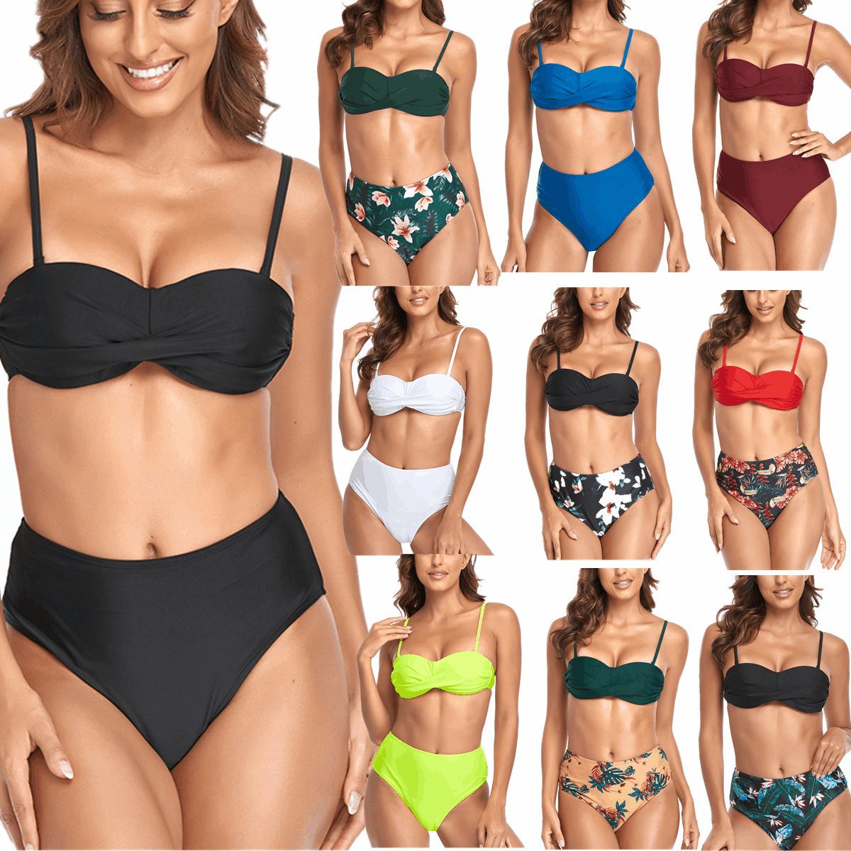 (image for) Women Solid High‑Waisted Bikini Set Twist Front Spaghetti Straps Two‑Piece Bathing Suit