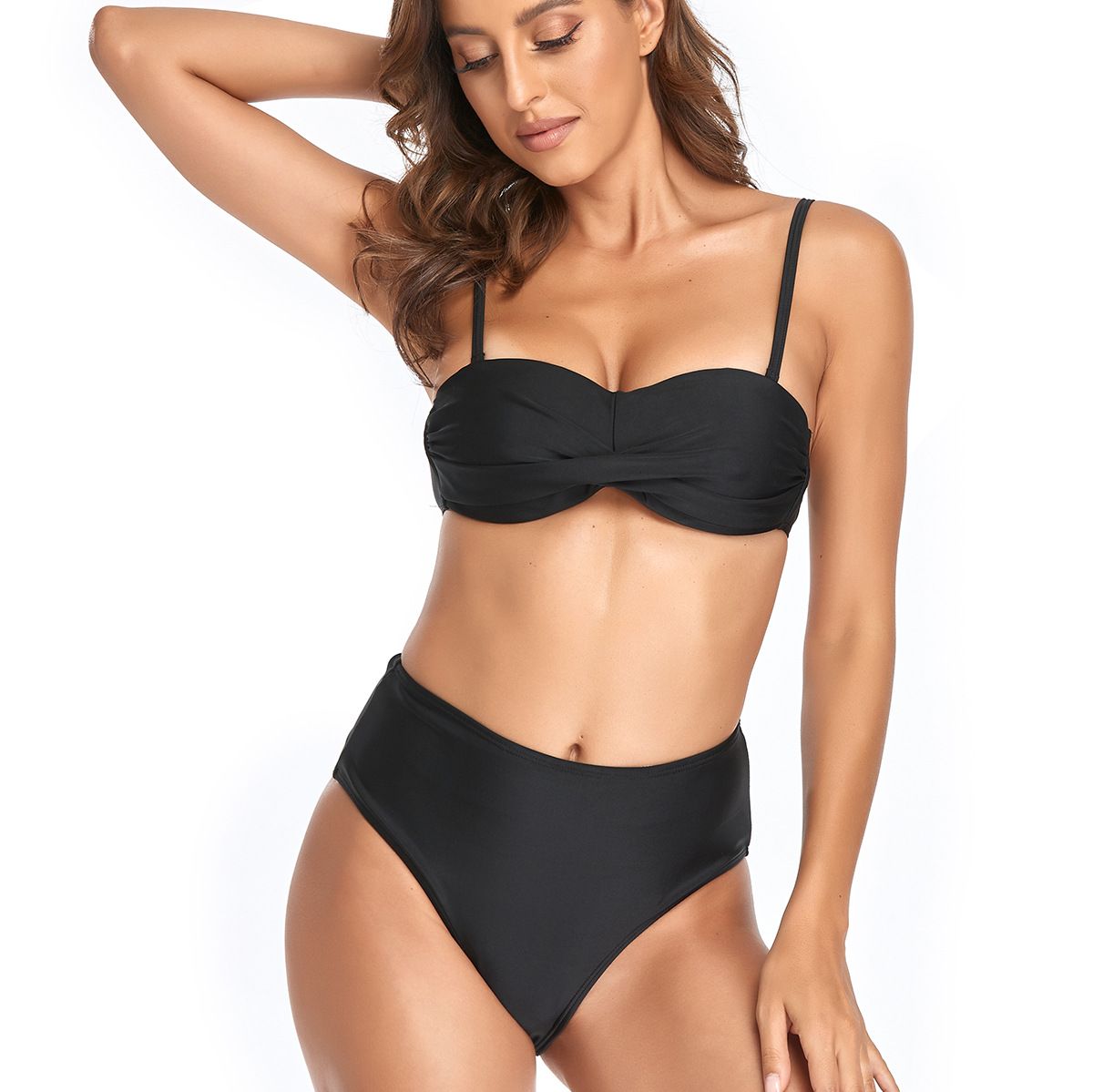 (image for) Women Solid High‑Waisted Bikini Set Twist Front Spaghetti Straps Two‑Piece Bathing Suit