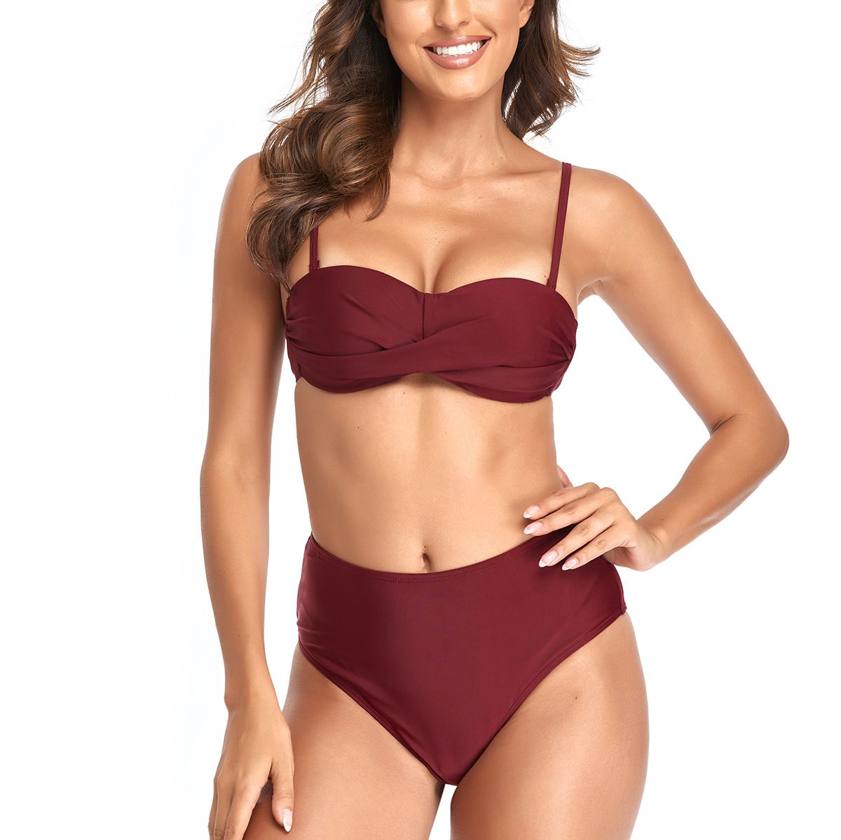 (image for) Women Solid High‑Waisted Bikini Set Twist Front Spaghetti Straps Two‑Piece Bathing Suit