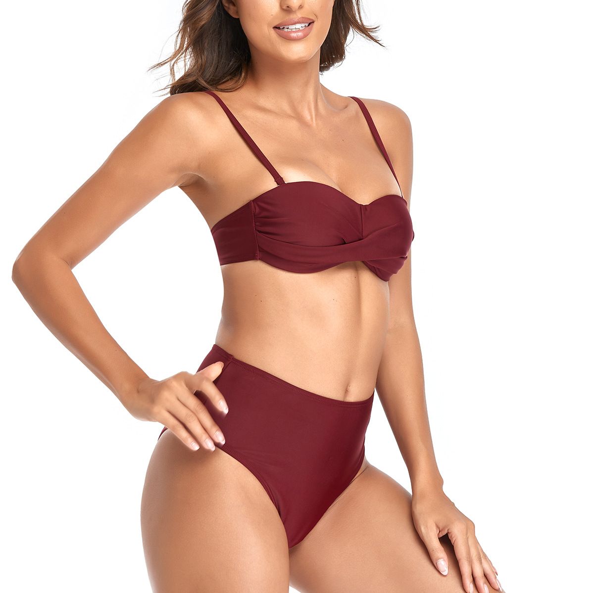 (image for) Women Solid High‑Waisted Bikini Set Twist Front Spaghetti Straps Two‑Piece Bathing Suit