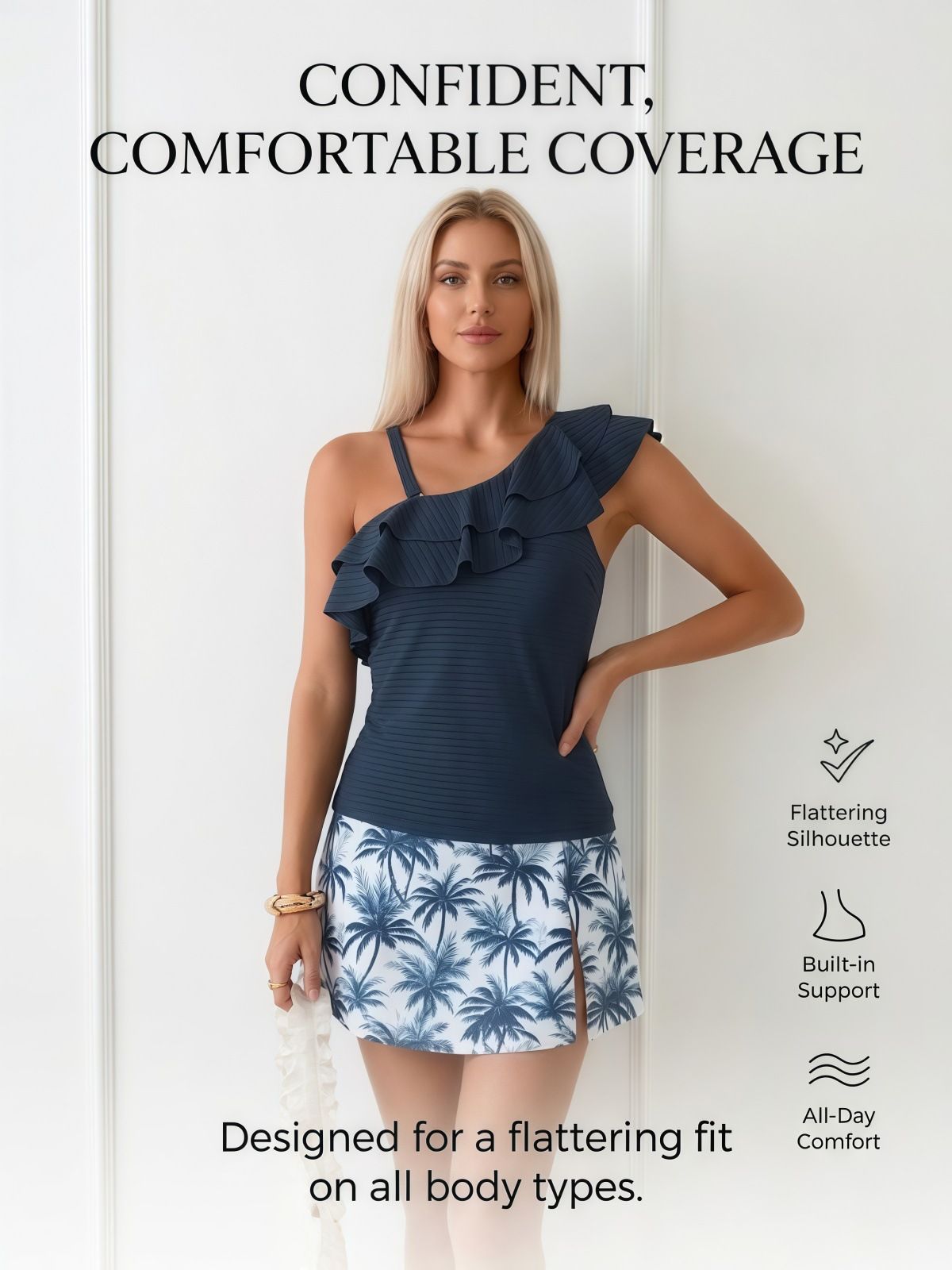 2026 Women One Shoulder Ruffle Tankini Set, High Waist Side Slit Skirted Bottom Tummy Control Two Piece Swimsuit with Padded Cups S-XXL