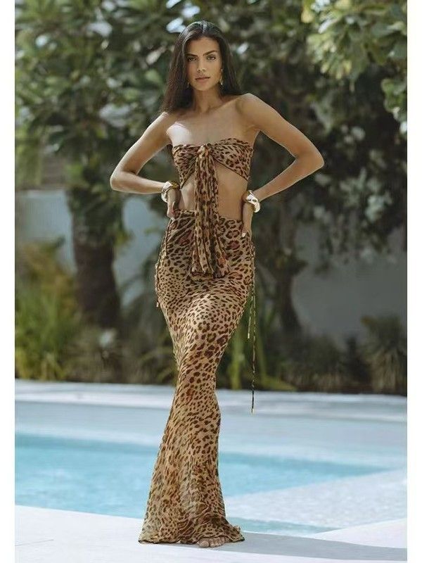 (image for) Women Leopard Print 4‑Piece Bikini Swimsuit With Cover‑Up Maxi Skirt S‑XL