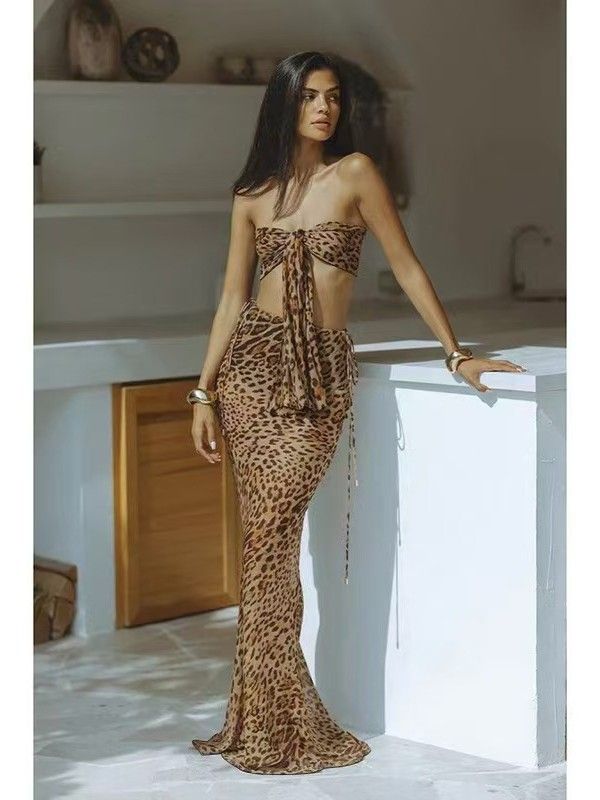 (image for) Women Leopard Print 4‑Piece Bikini Swimsuit With Cover‑Up Maxi Skirt S‑XL