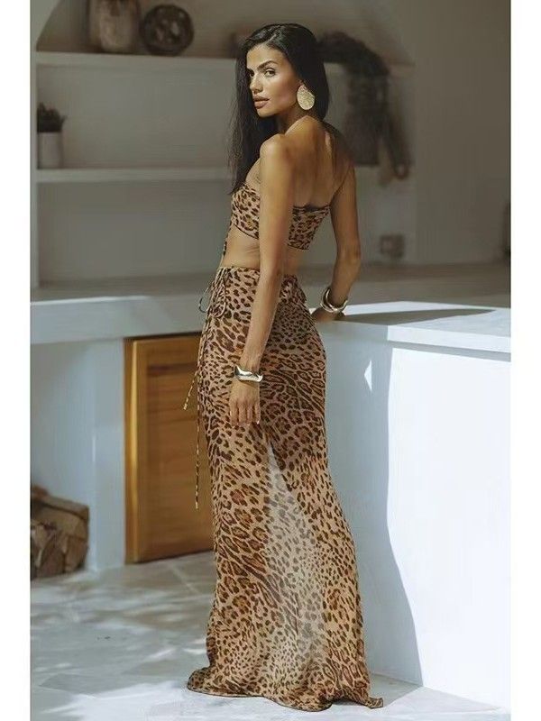 (image for) Women Leopard Print 4‑Piece Bikini Swimsuit With Cover‑Up Maxi Skirt S‑XL