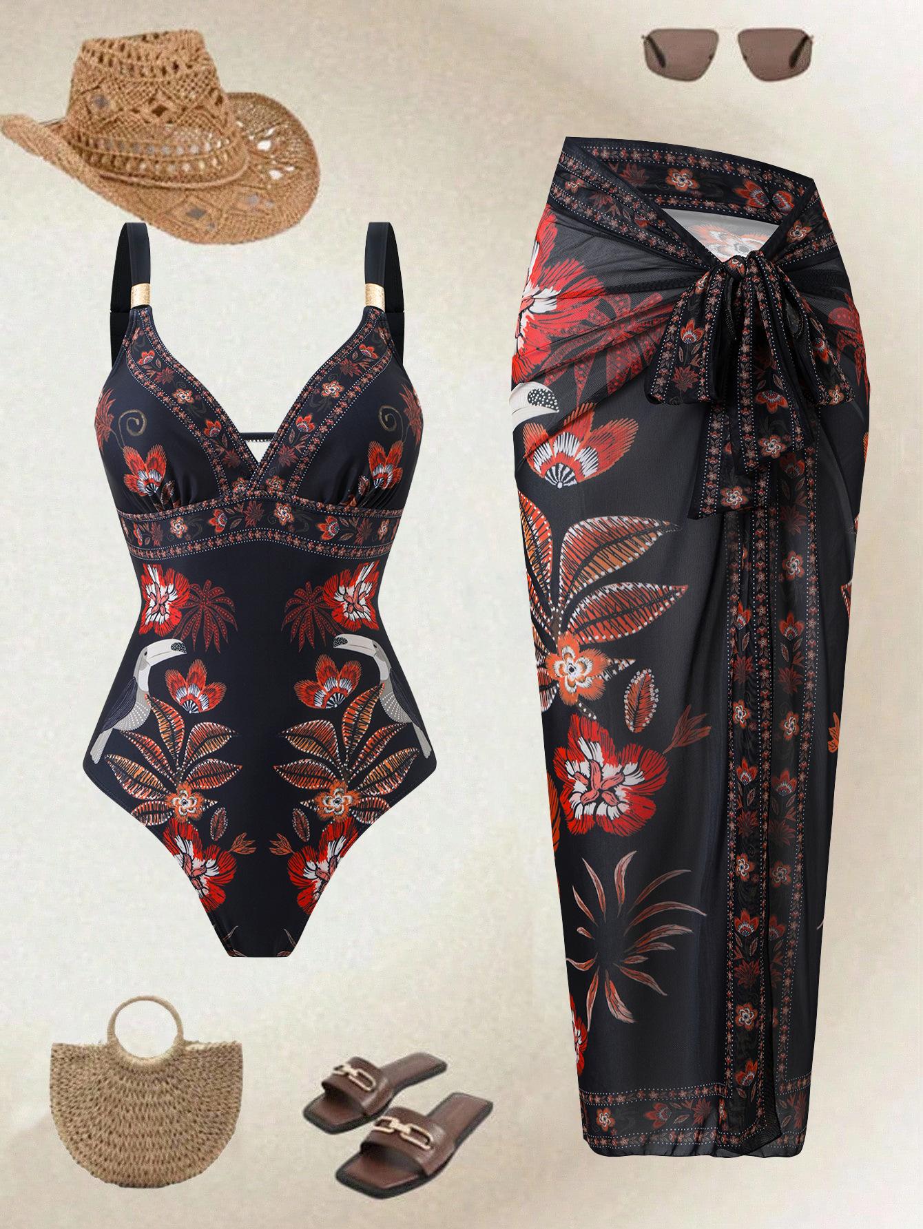 (image for) Women Vintage Floral Print Deep V One Piece Swimsuit with Matching Sarong Wrap Maxi Skirt 2 Piece Tummy Control High End Beach Swimwear Set
