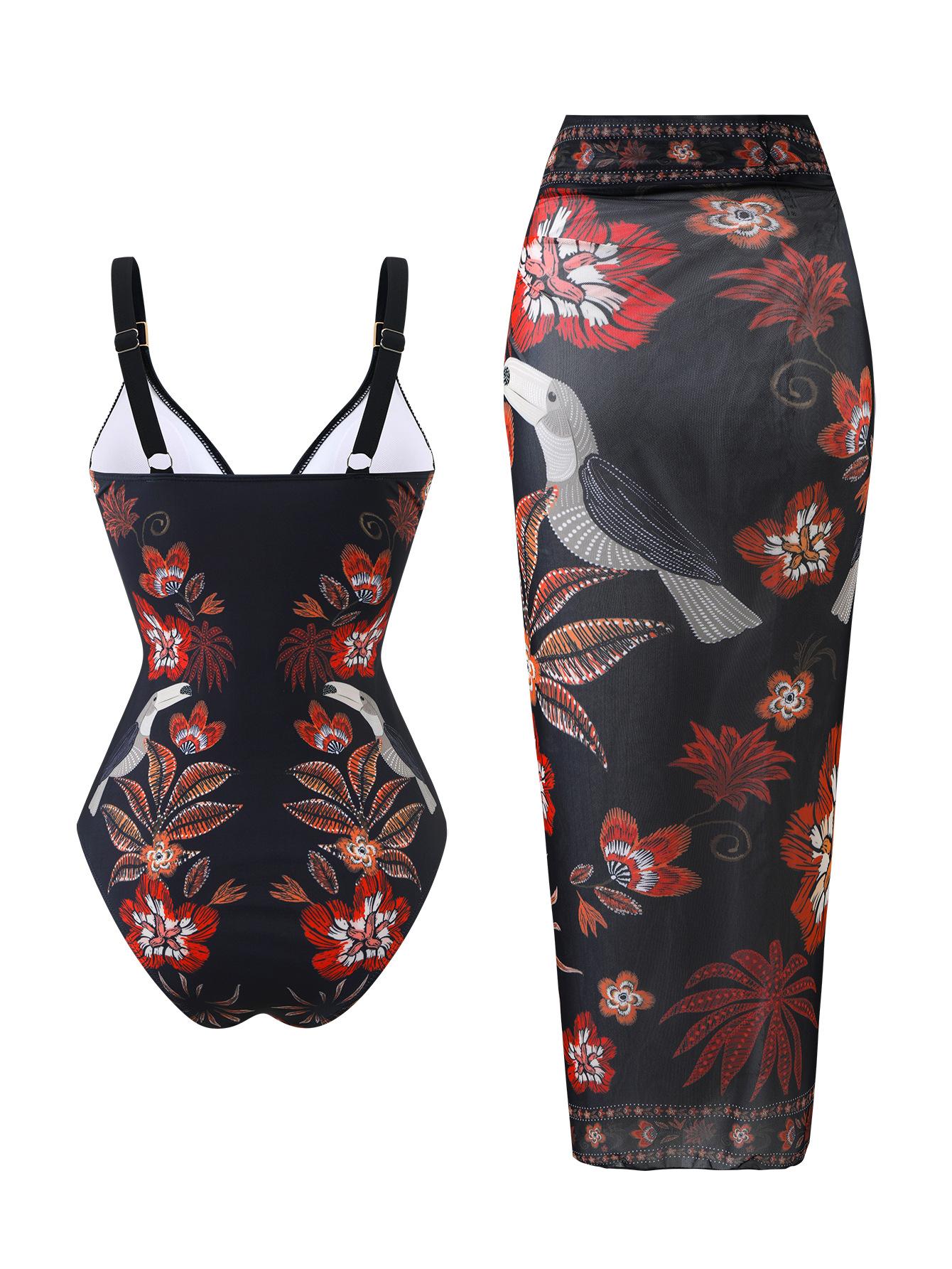 (image for) Women Vintage Floral Print Deep V One Piece Swimsuit with Matching Sarong Wrap Maxi Skirt 2 Piece Tummy Control High End Beach Swimwear Set