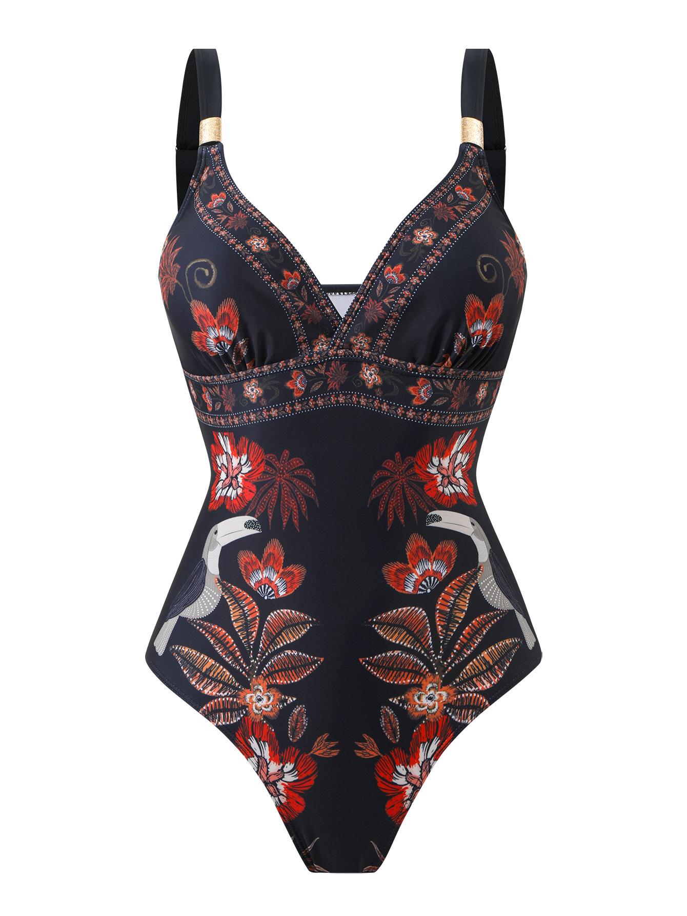 (image for) Women Vintage Floral Print Deep V One Piece Swimsuit with Matching Sarong Wrap Maxi Skirt 2 Piece Tummy Control High End Beach Swimwear Set