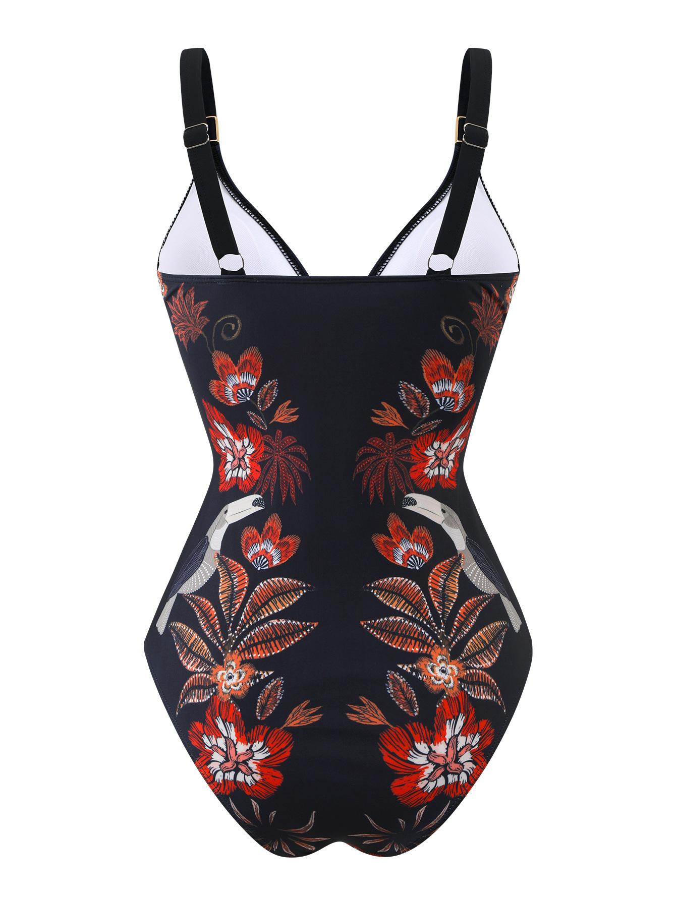 (image for) Women Vintage Floral Print Deep V One Piece Swimsuit with Matching Sarong Wrap Maxi Skirt 2 Piece Tummy Control High End Beach Swimwear Set