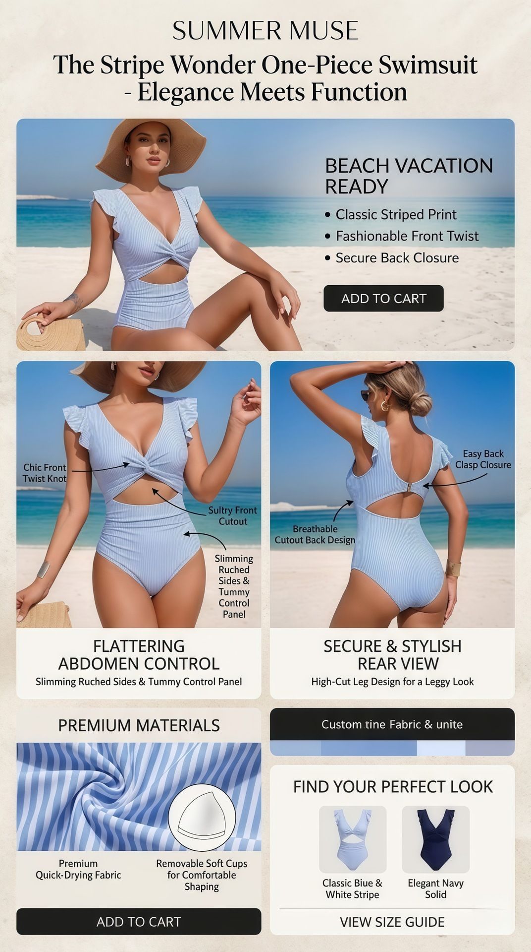 (image for) Women Striped Ruffle One Piece Swimsuit, High Waist Cutout Tummy Control Bathing Suit for Beach Vacation S-XL