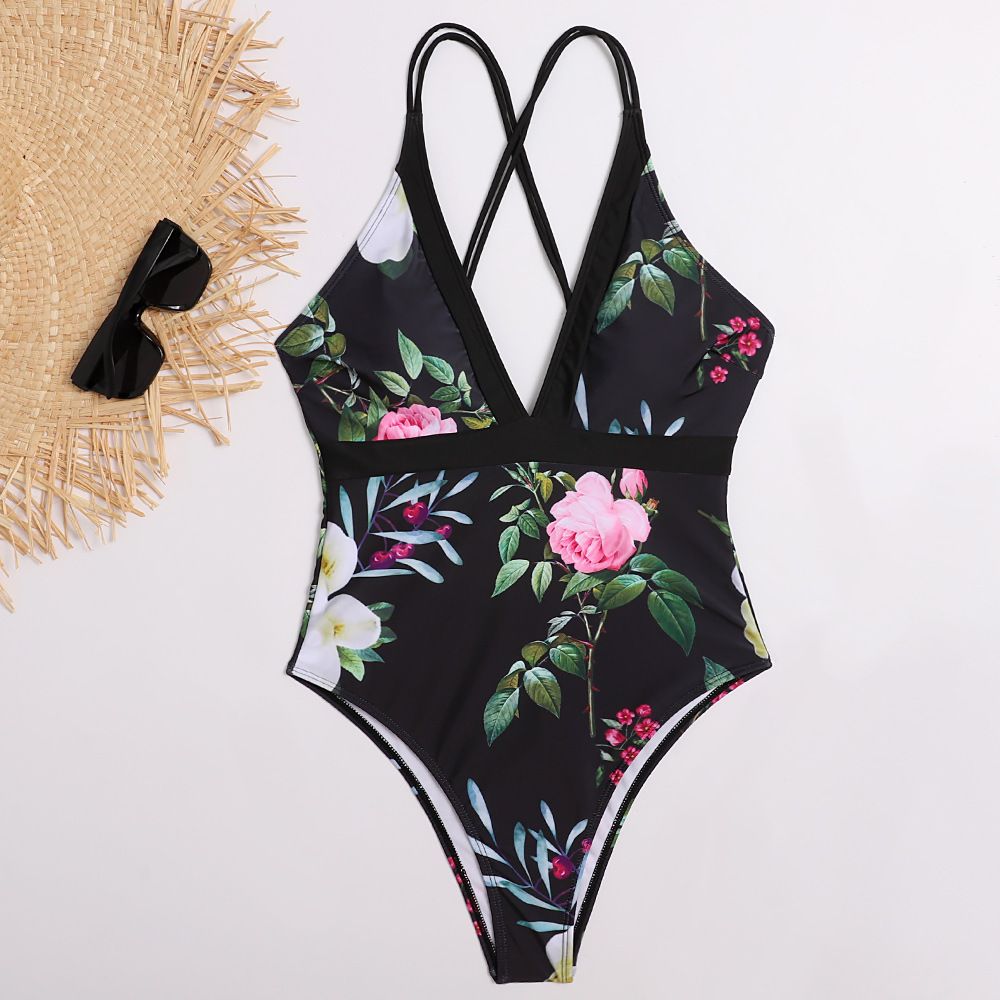 (image for) Women Tropical Print One‑Piece Swimsuit Sexy Cross Back Bikini Swimwear