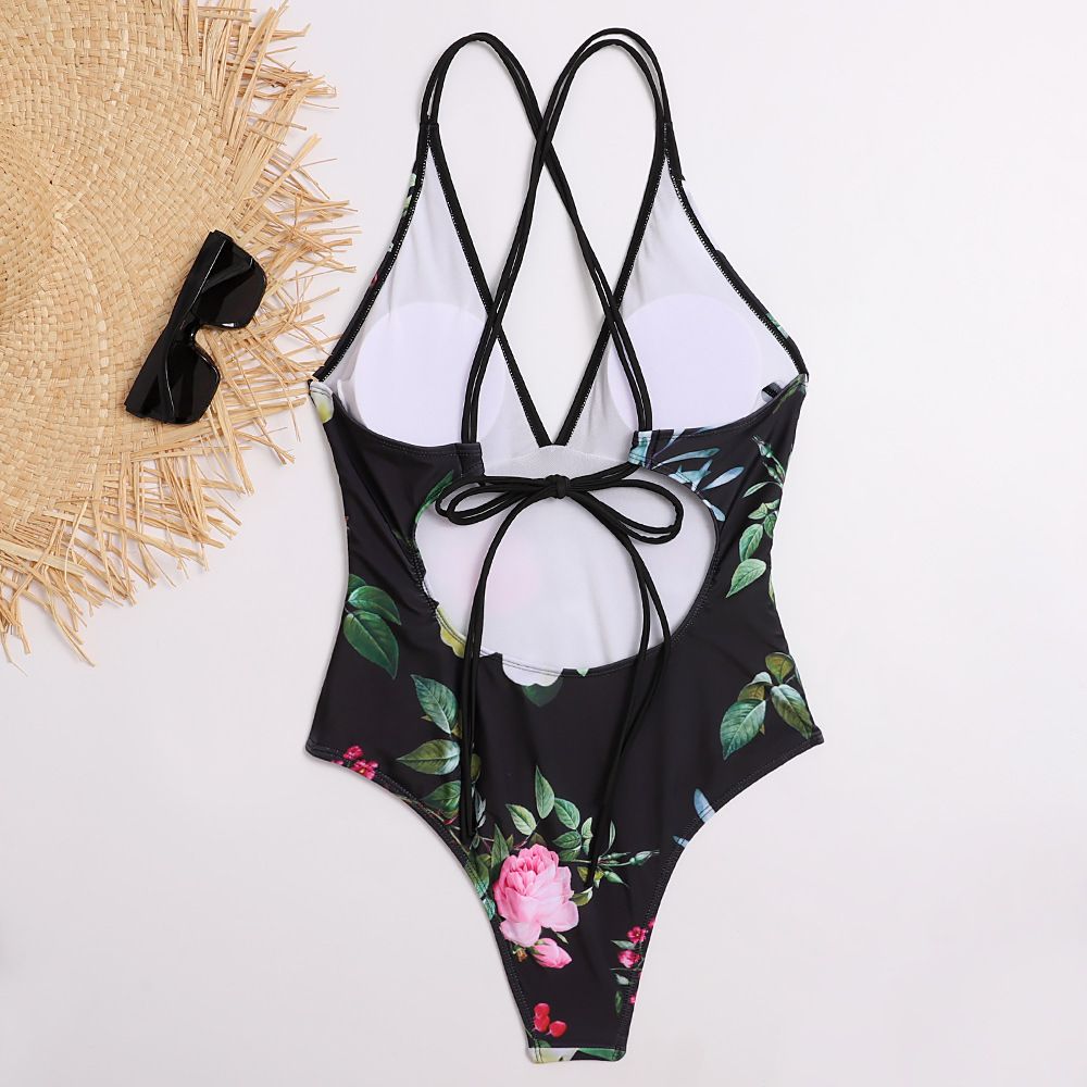 (image for) Women Tropical Print One‑Piece Swimsuit Sexy Cross Back Bikini Swimwear