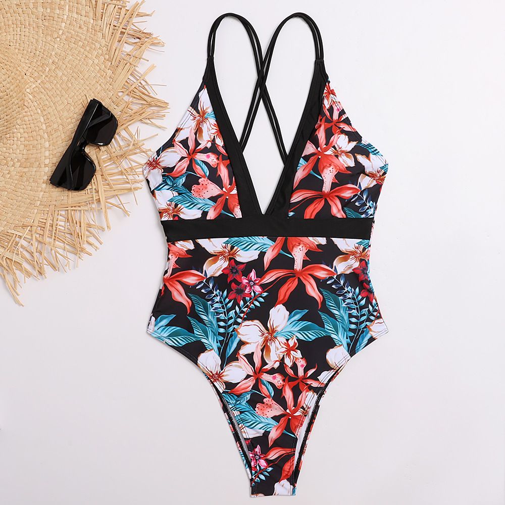 (image for) Women Tropical Print One‑Piece Swimsuit Sexy Cross Back Bikini Swimwear