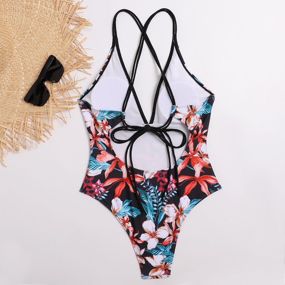 (image for) Women Tropical Print One‑Piece Swimsuit Sexy Cross Back Bikini Swimwear
