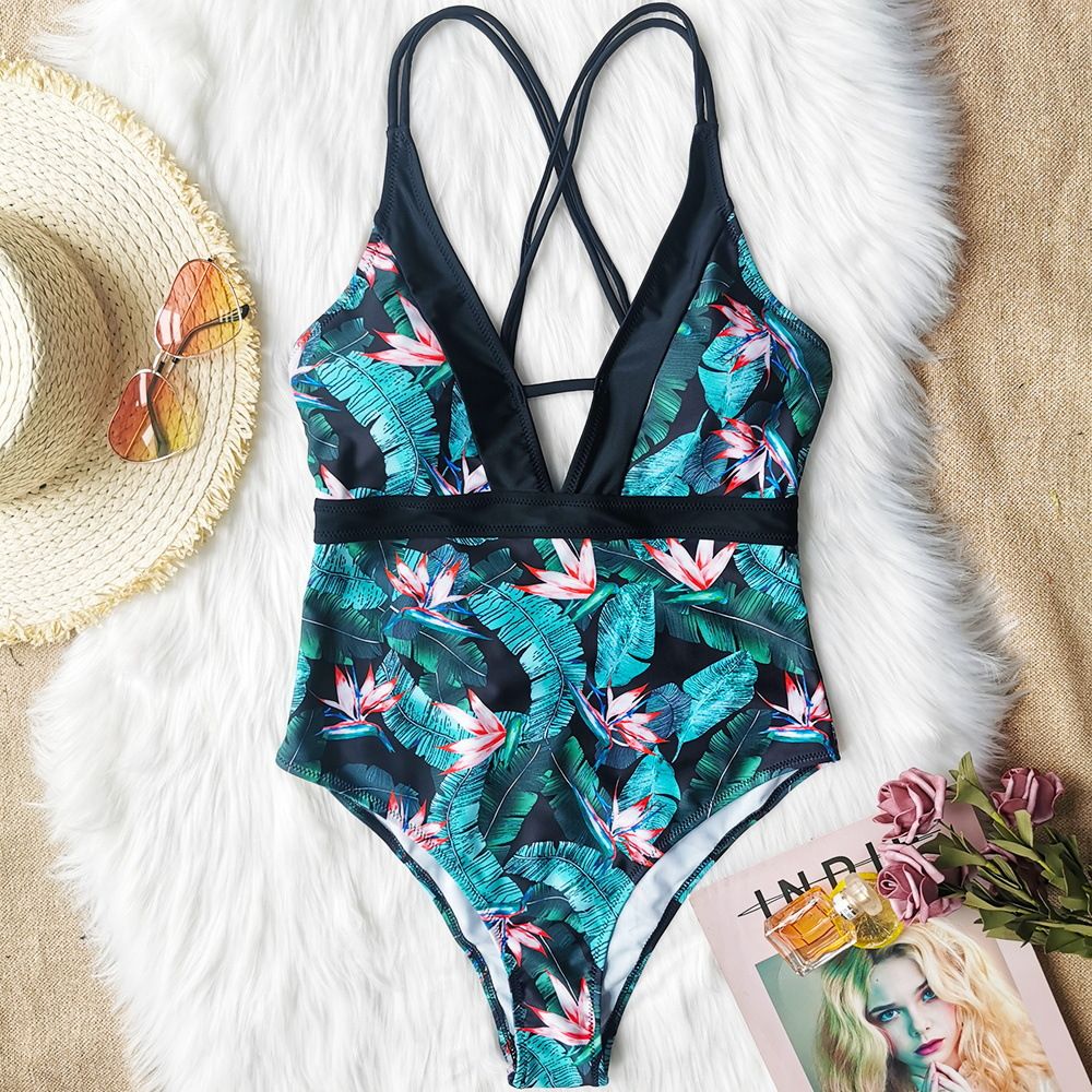 (image for) Women Tropical Print One‑Piece Swimsuit Sexy Cross Back Bikini Swimwear